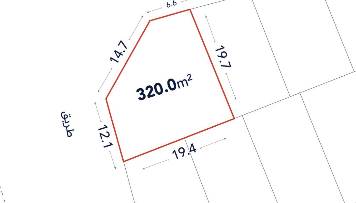 Site plan showing a 320.0 m² plot outlined in red, with adjacent streets labeled in Arabic and dimensions 14.7, 6.6, 19.7, 19.4, and 12.1 meters.