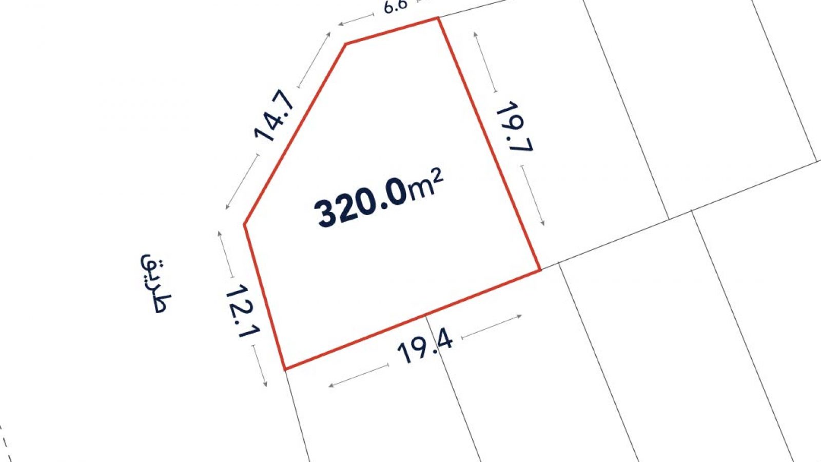 Site plan showing a 320.0 m² plot outlined in red, with adjacent streets labeled in Arabic and dimensions 14.7, 6.6, 19.7, 19.4, and 12.1 meters.