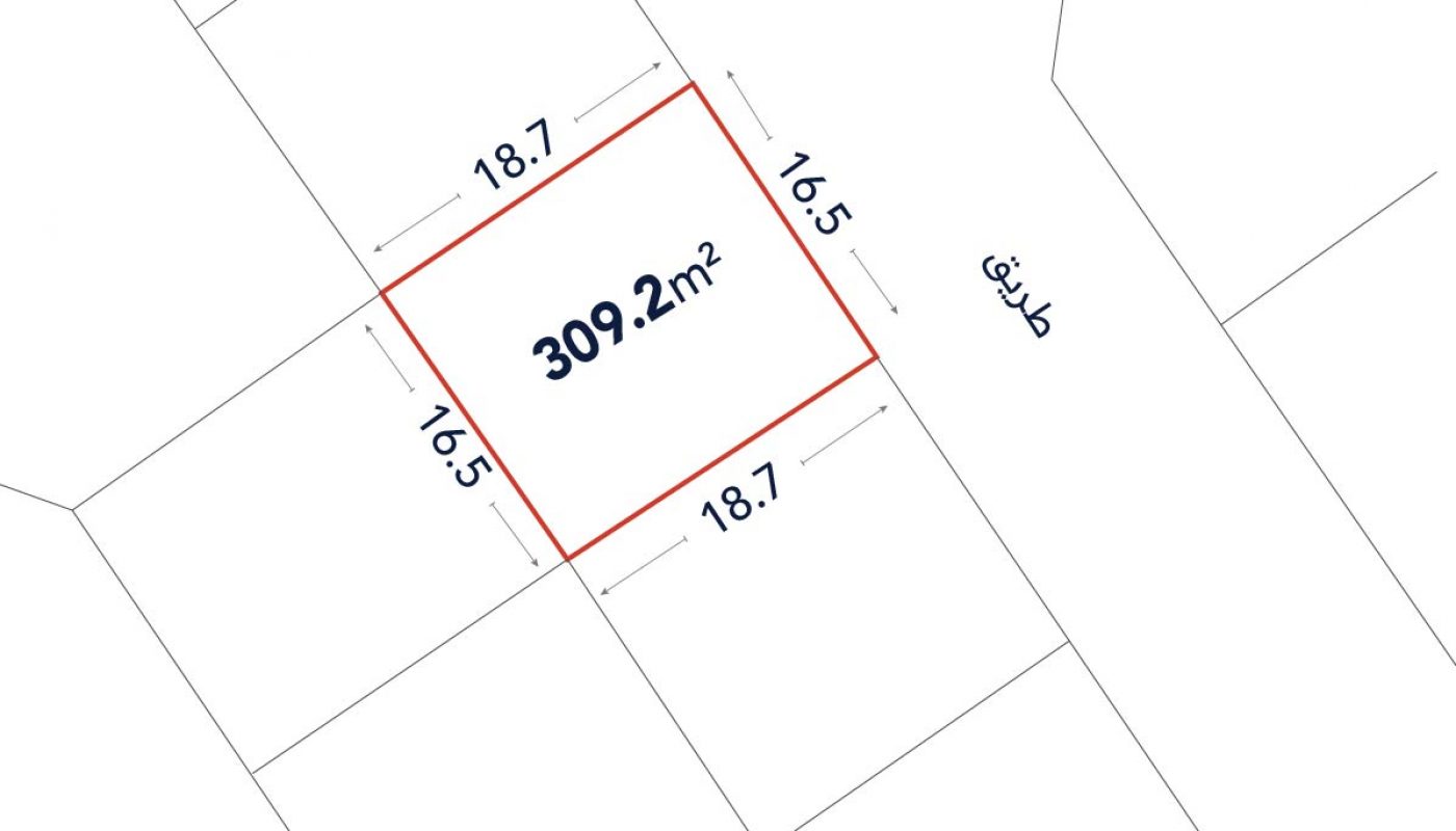 A rectangular plot is marked with dimensions 18.7m by 16.5m and a labeled area of 309.2 square meters, adjacent to a street labeled "طريق" (road in Arabic).
