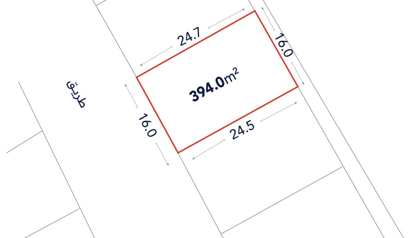 Rectangular plot of land outlined in red, labeled 394.0 m², with side lengths 24.7m, 24.5m, and 16.0m on both ends; adjacent to roads labeled in Arabic.