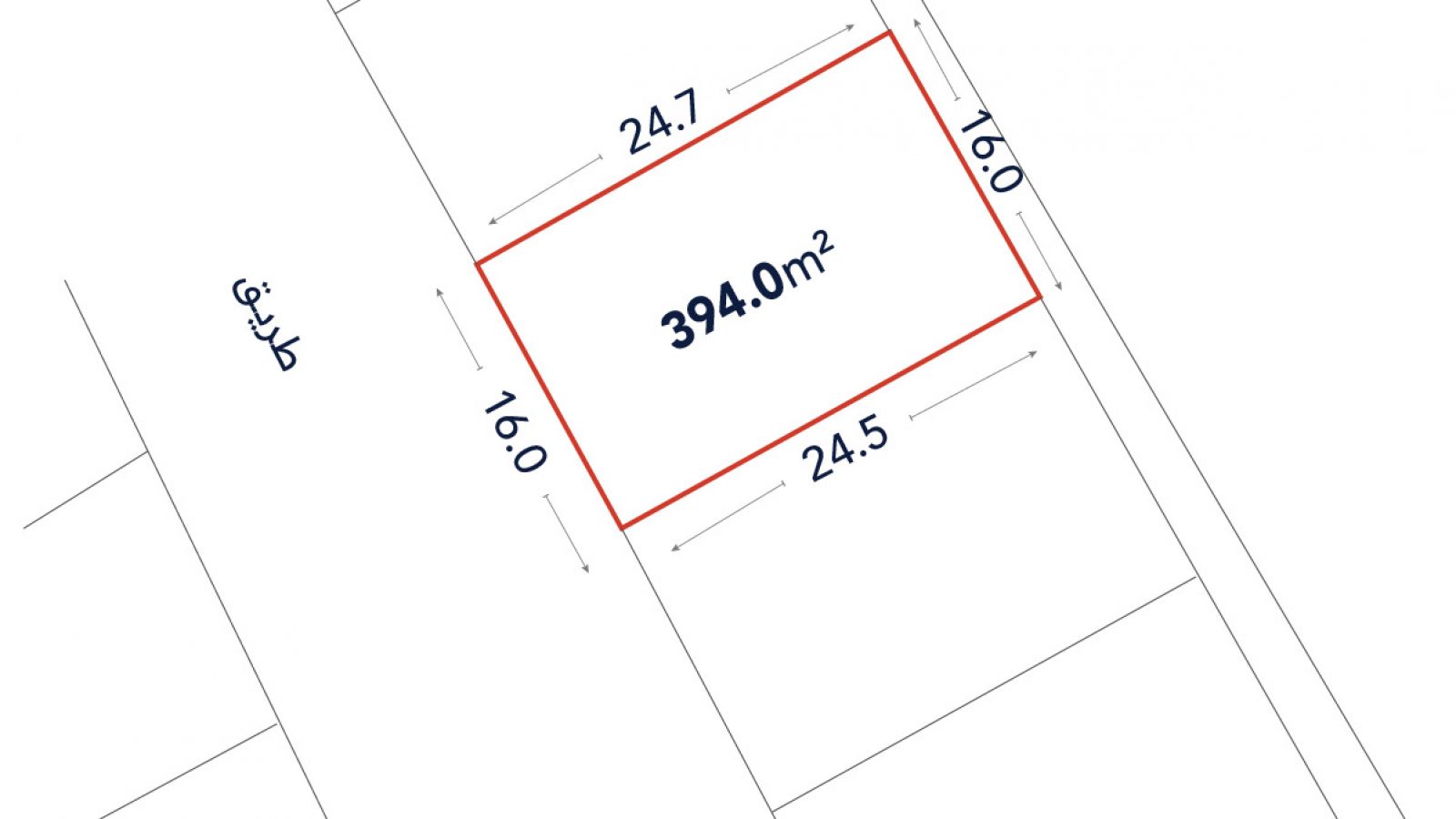 Rectangular plot of land outlined in red, labeled 394.0 m², with side lengths 24.7m, 24.5m, and 16.0m on both ends; adjacent to roads labeled in Arabic.