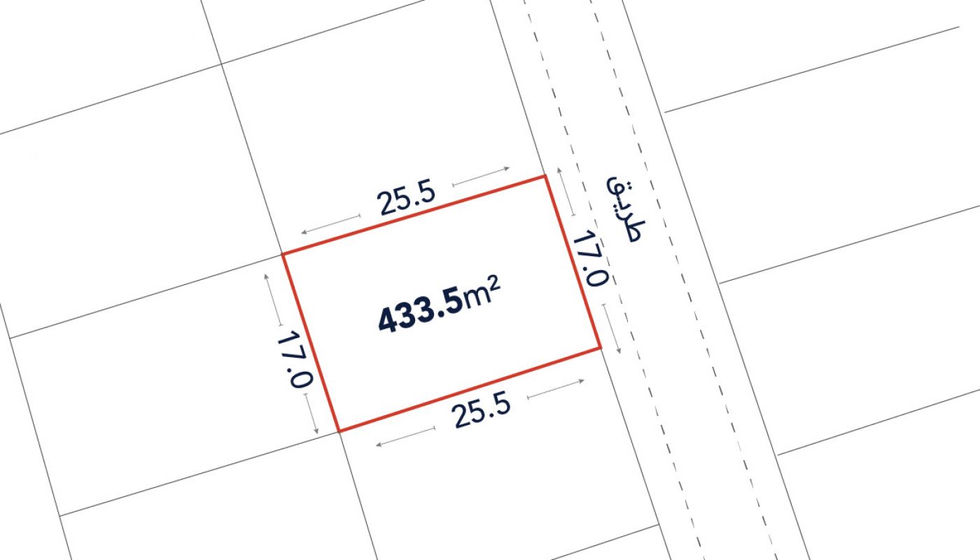 A lot diagram showing a rectangular plot of 433.5 square meters, measuring 25.5m by 17m, adjacent to a 9.4m wide road.