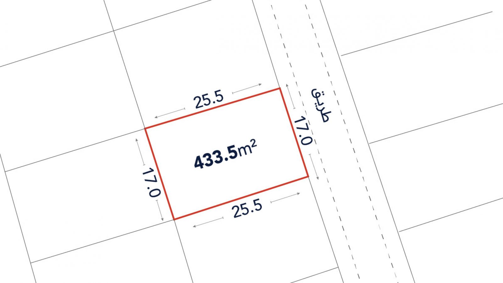 A lot diagram showing a rectangular plot of 433.5 square meters, measuring 25.5m by 17m, adjacent to a 9.4m wide road.