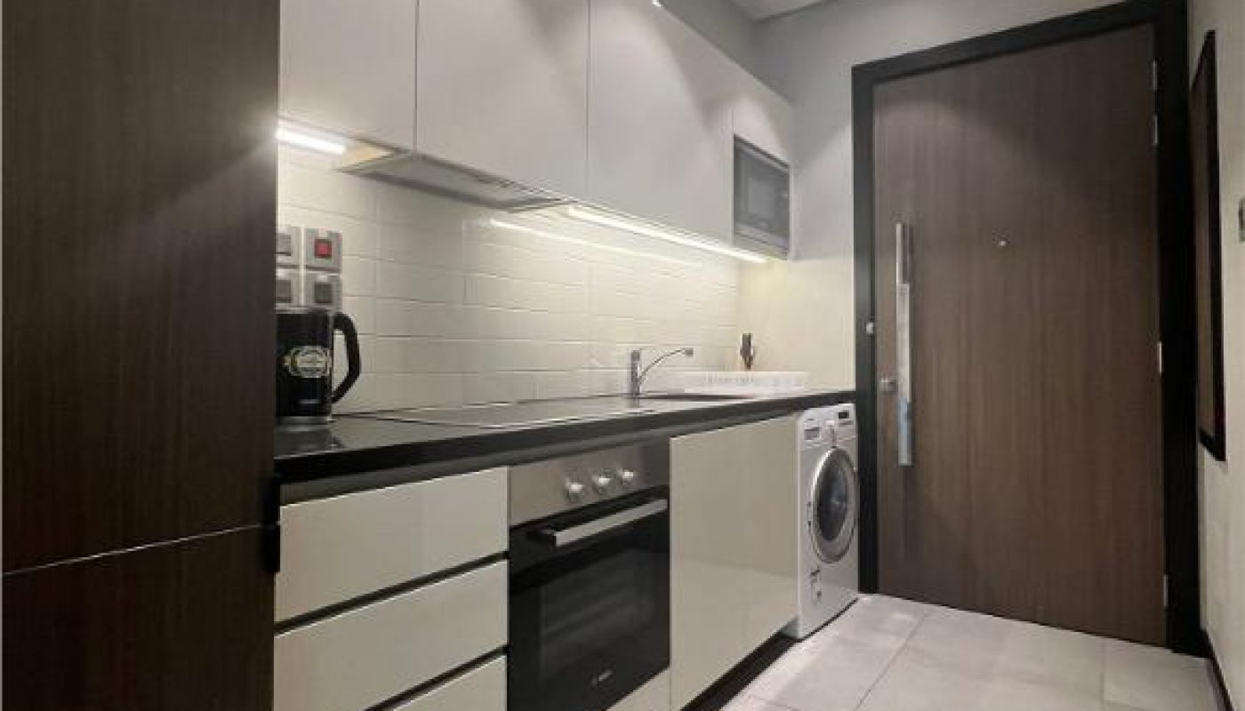 Modern galley kitchen with white cabinets, built-in oven, washing machine, microwave, coffee maker, and a dark wooden entrance door.
