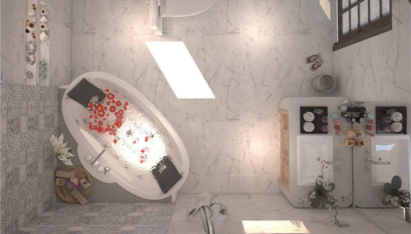 A modern bathroom with a white bathtub filled with water and rose petals, a large mirror, two sinks, and patterned tile accents on the walls and floor.