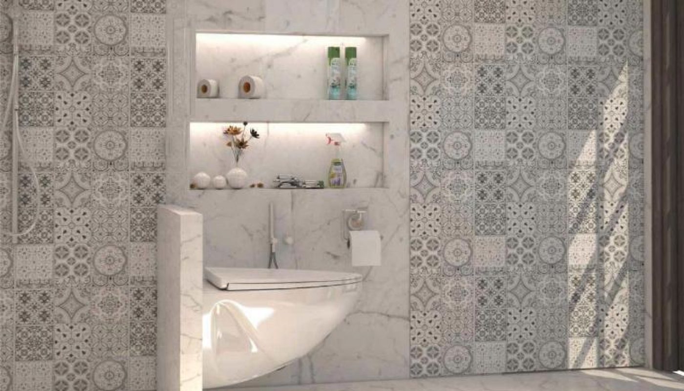 A bathroom with a toilet and shelves.