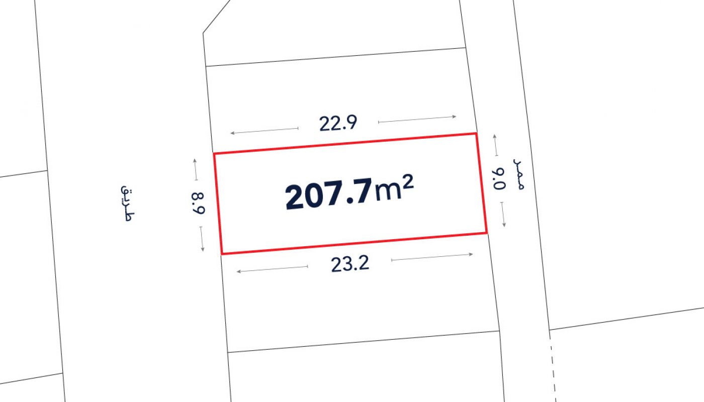 A rectangular land plot outlined in red, labeled 207.7 m², with side lengths 22.9 m, 23.2 m, 8.9 m, and 9.0 m shown.