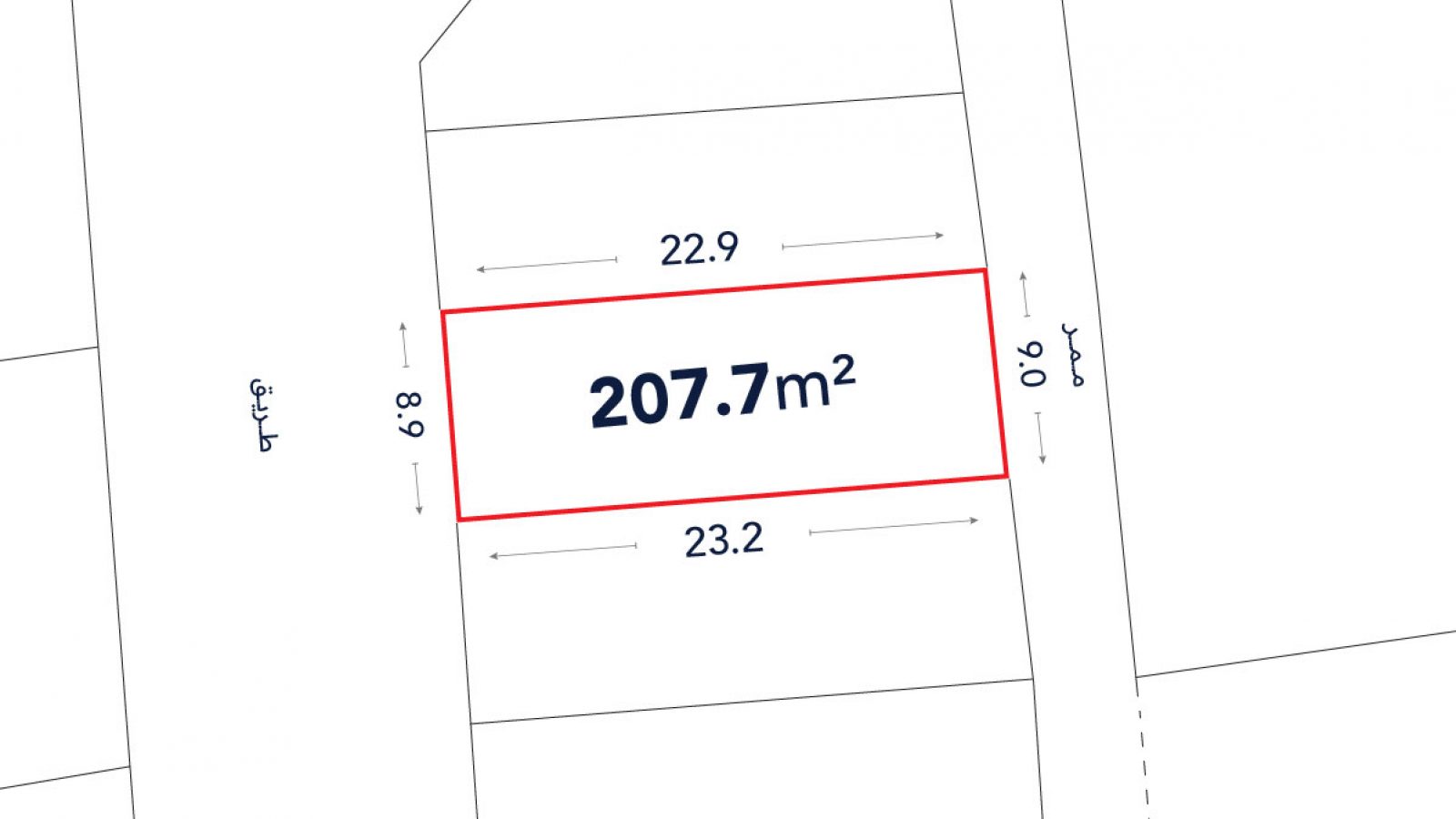 A rectangular land plot outlined in red, labeled 207.7 m², with side lengths 22.9 m, 23.2 m, 8.9 m, and 9.0 m shown.