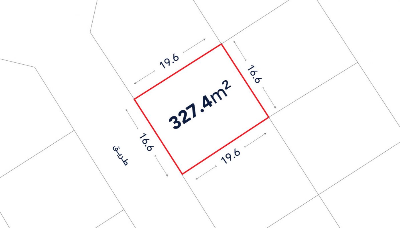 A plot map showing a rectangular lot outlined in red, labeled 327.4 m², with sides measuring 19.6 m and 16.6 m. Arabic text appears on the left side.