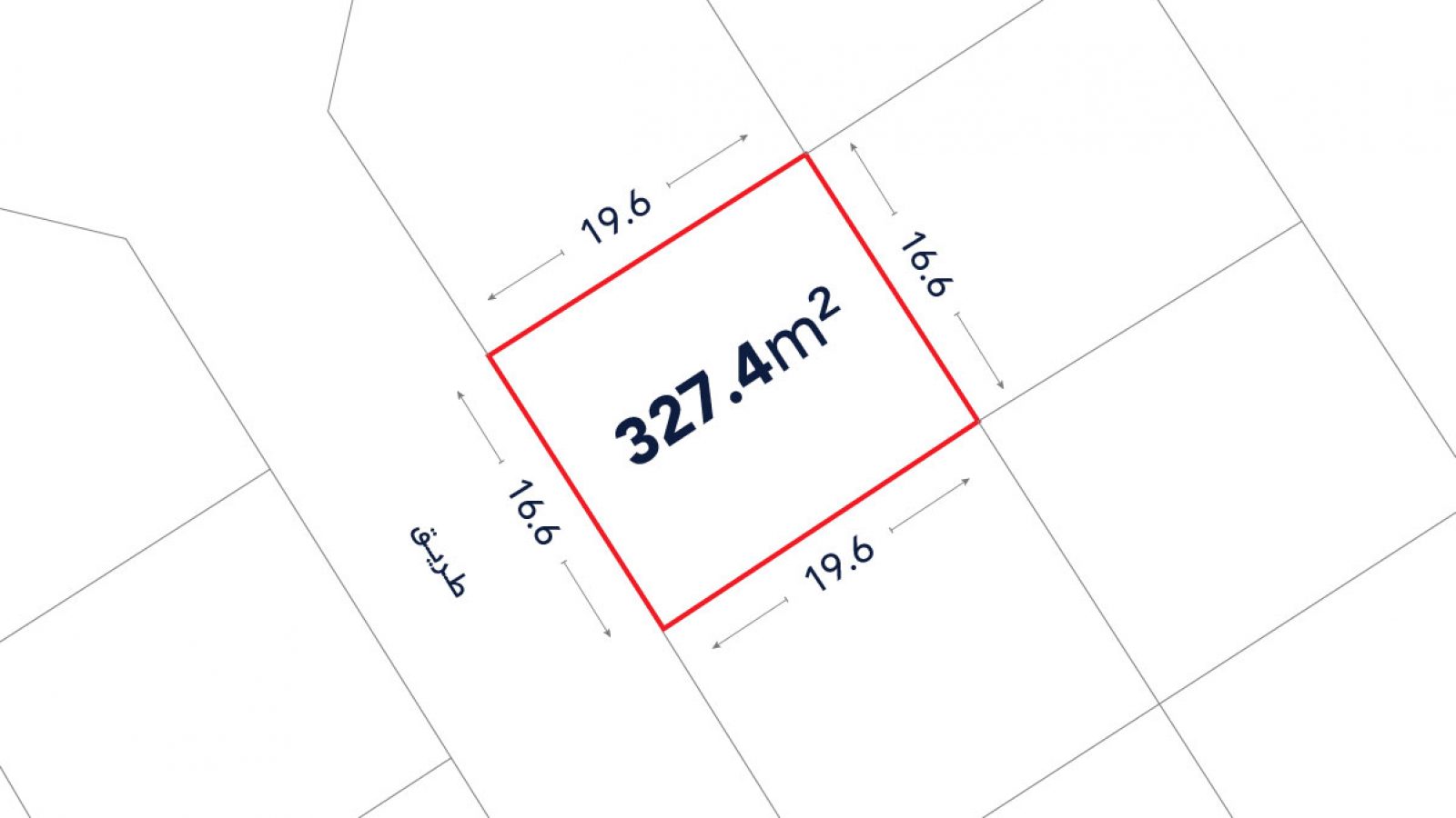 A plot map showing a rectangular lot outlined in red, labeled 327.4 m², with sides measuring 19.6 m and 16.6 m. Arabic text appears on the left side.
