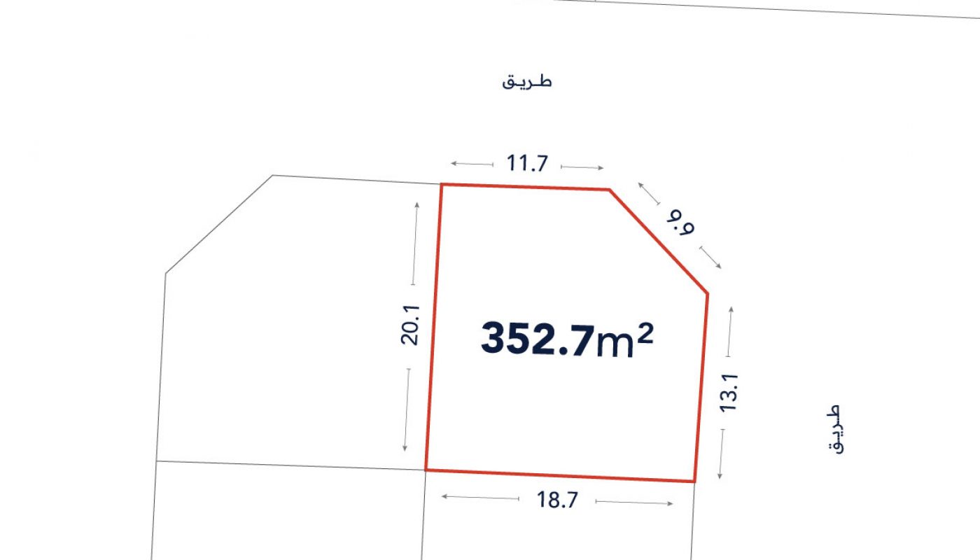 A plot of land outlined in red, labeled 352.7 m², with side lengths marked as 11.7 m, 13.1 m, 18.7 m, and 20.1 m; adjacent to streets labeled in Arabic.