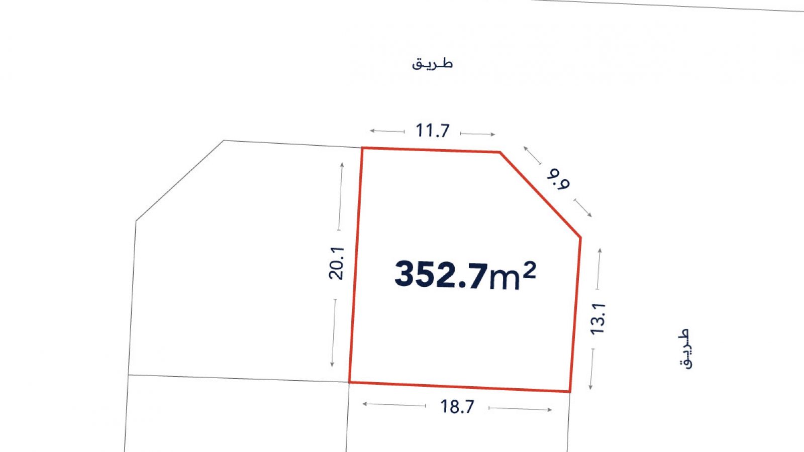 A plot of land outlined in red, labeled 352.7 m², with side lengths marked as 11.7 m, 13.1 m, 18.7 m, and 20.1 m; adjacent to streets labeled in Arabic.