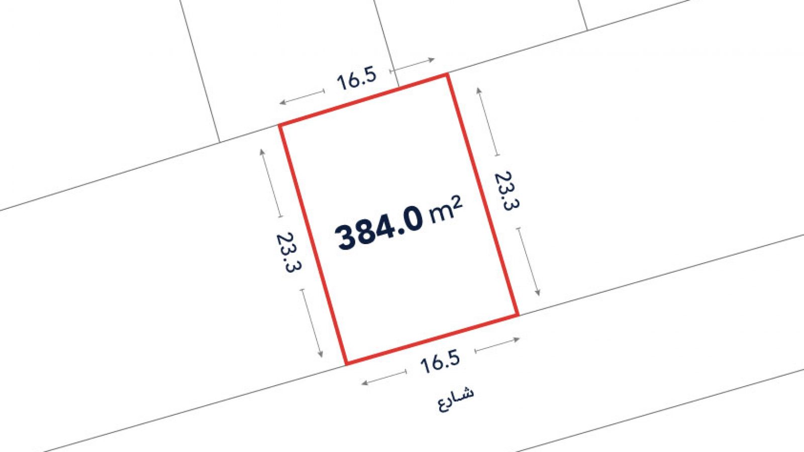 A rectangular plot outlined in red measures 384.0 square meters, with sides labeled 16.5 meters by 23.3 meters. Arabic text appears along one edge.