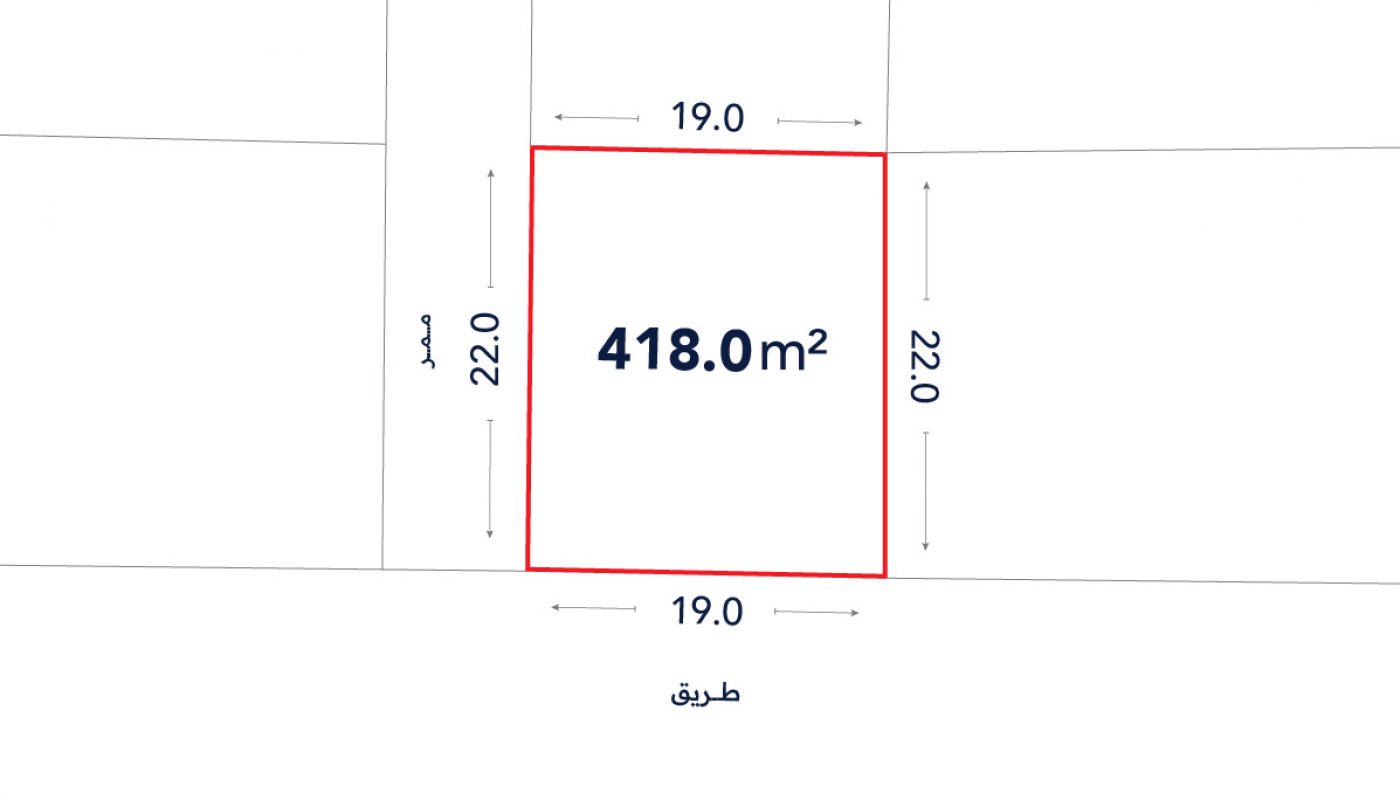 A rectangular plot measuring 418.0 square meters, with sides labeled 19.0 meters and 22.0 meters, bordered by roads on two sides.