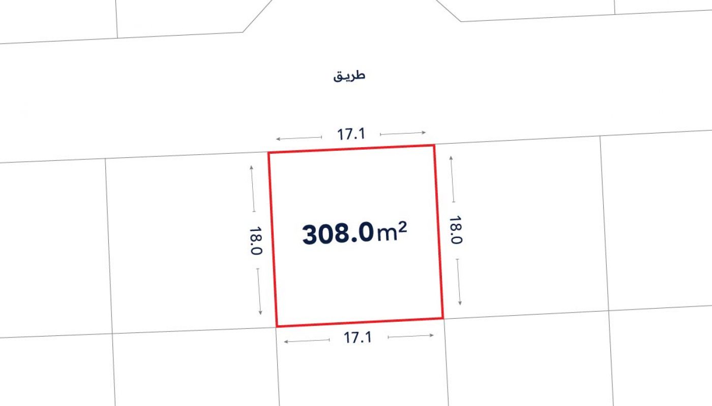 A rectangular plot outlined in red has an area of 308.0 m² and dimensions of 17.1 m by 18.0 m; the plot borders a road labeled "طريق".
