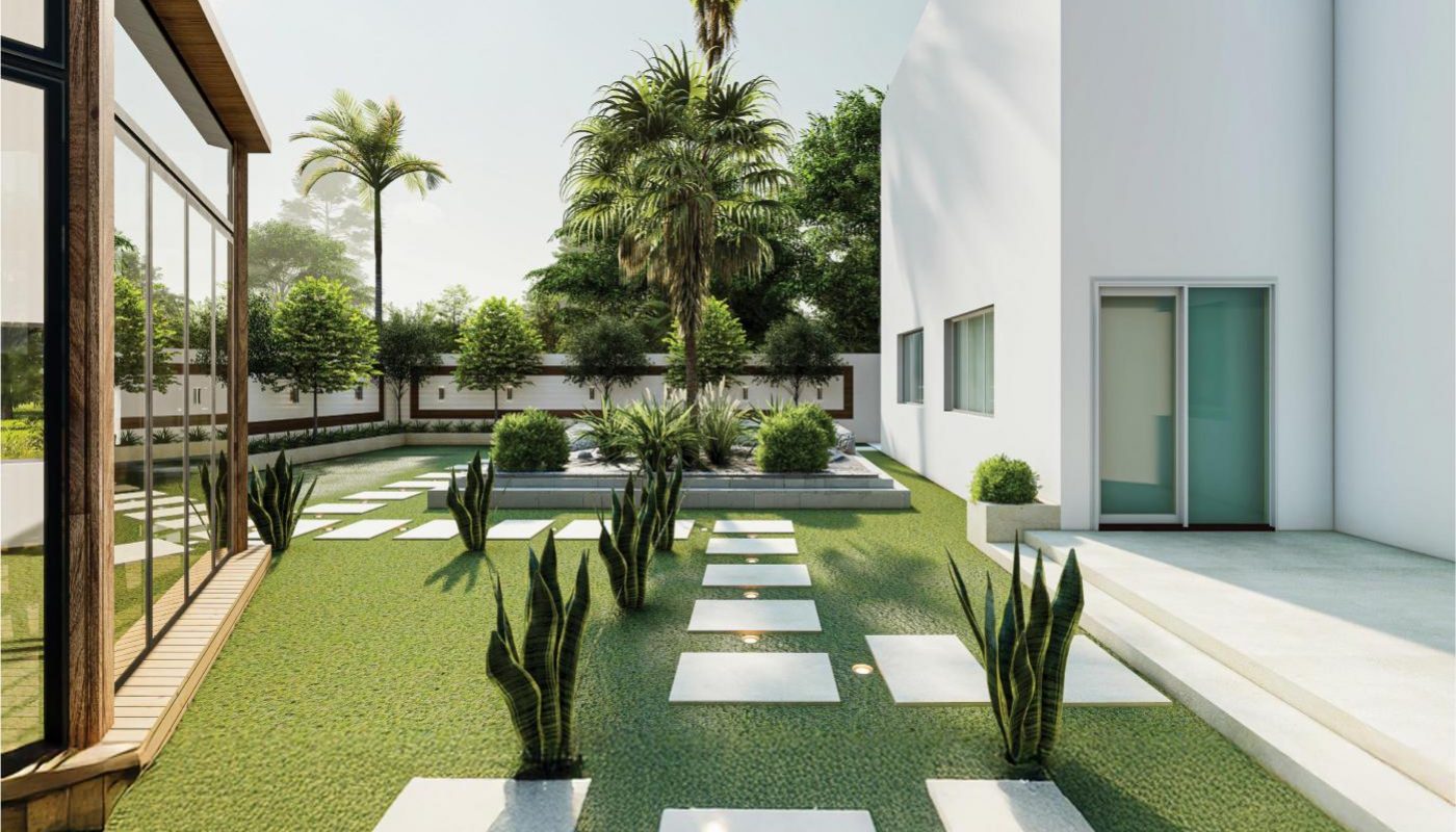 Modern outdoor garden with rectangular stepping stones on green grass, tall plants, a white building, glass windows, and palm trees under a sunny sky.