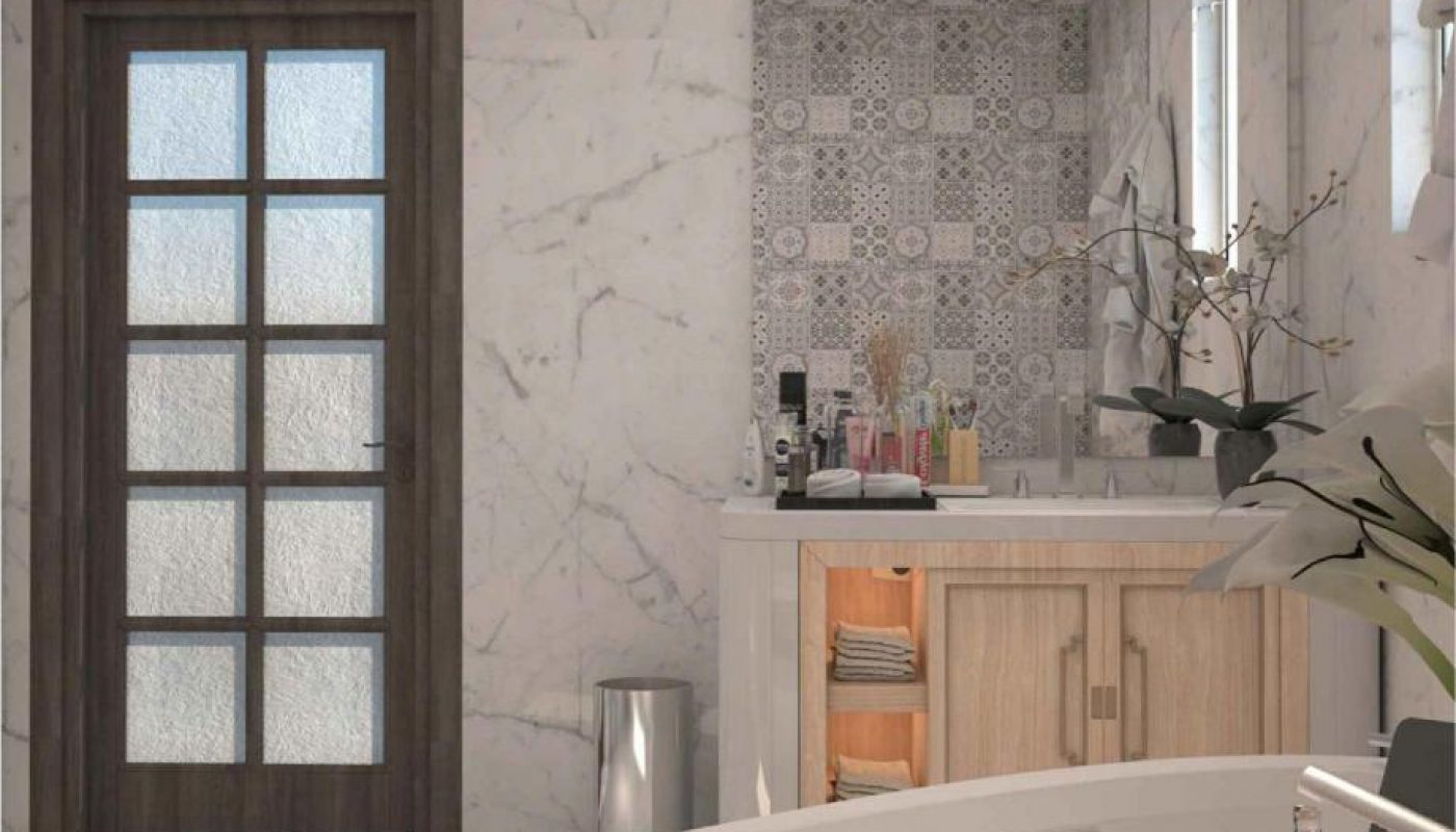 Modern bathroom with marble walls, a wooden door, a bathtub with floating flowers, a sink area with toiletries, and potted plants on the counter.