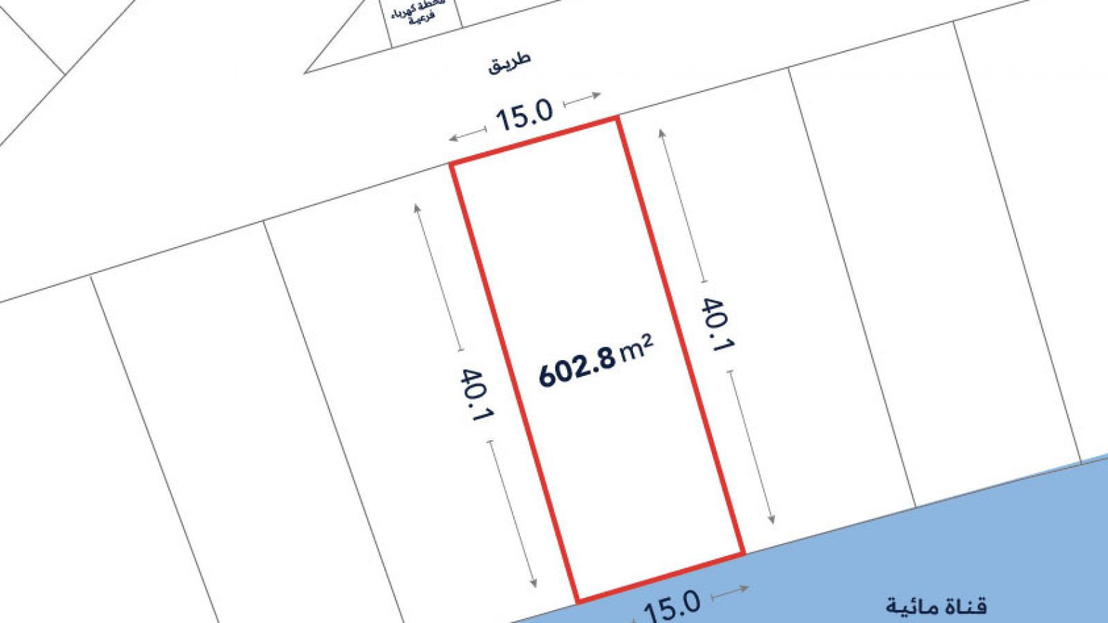 A plot of land outlined in red, labeled 602.8 m², measures 15m by 40.1m, bordered by a road on one side and a water channel on the other.
