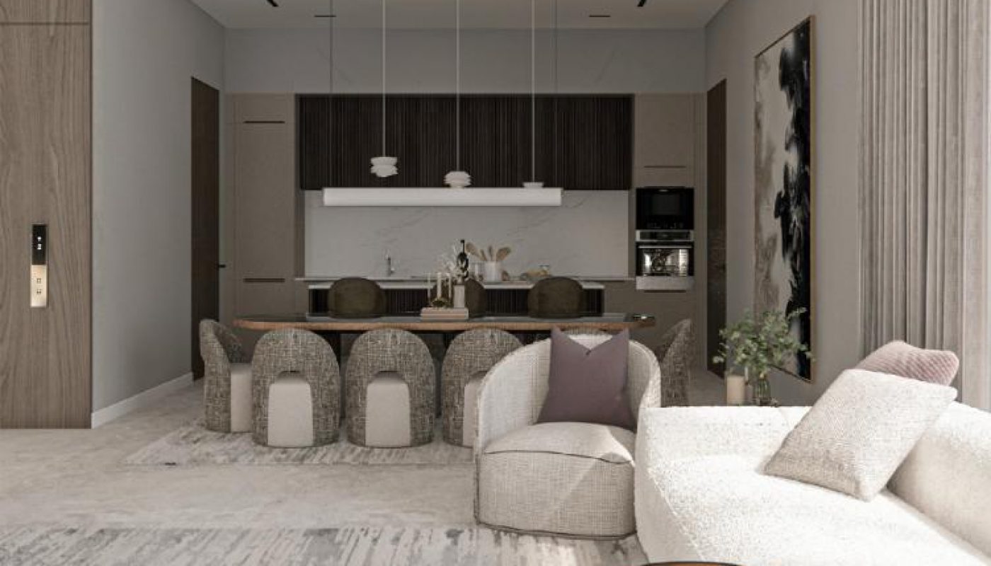 Modern open-plan living room and kitchen with neutral tones, a curved sofa, marble tables, six dining chairs, and minimalist décor.