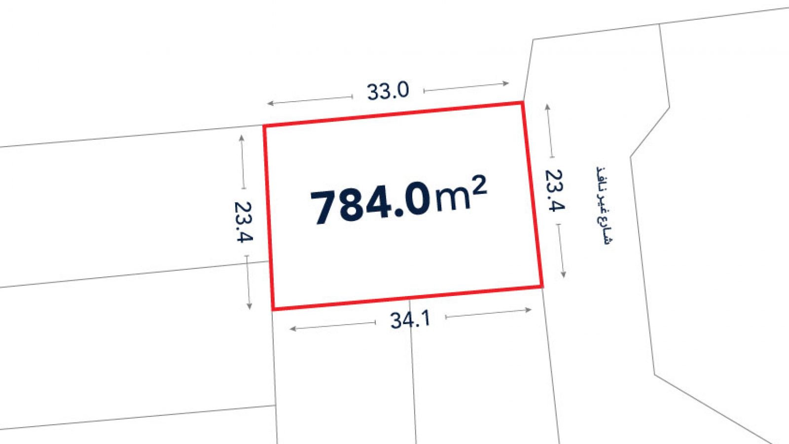A rectangular plot outlined in red labeled 784.0 m² with side lengths 33.0 m, 23.4 m, 34.1 m, and 23.4 m, bordered by a street on one side.