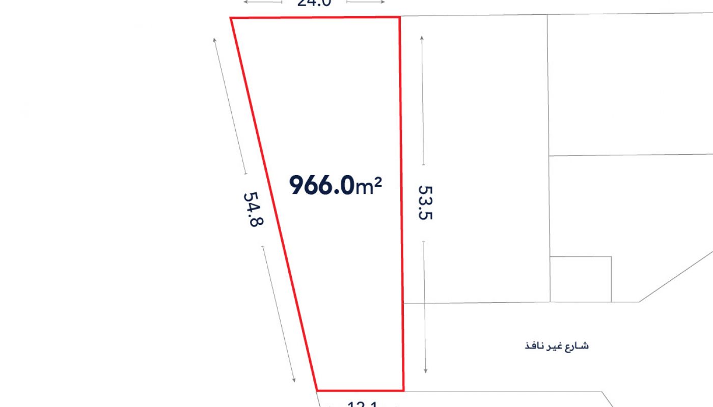 A trapezoidal plot outlined in red with area 966.0 m², side lengths labeled 24.0 m, 54.8 m, 12.1 m, and 53.5 m. “شارع غير نافذ” appears in Arabic on the right side.