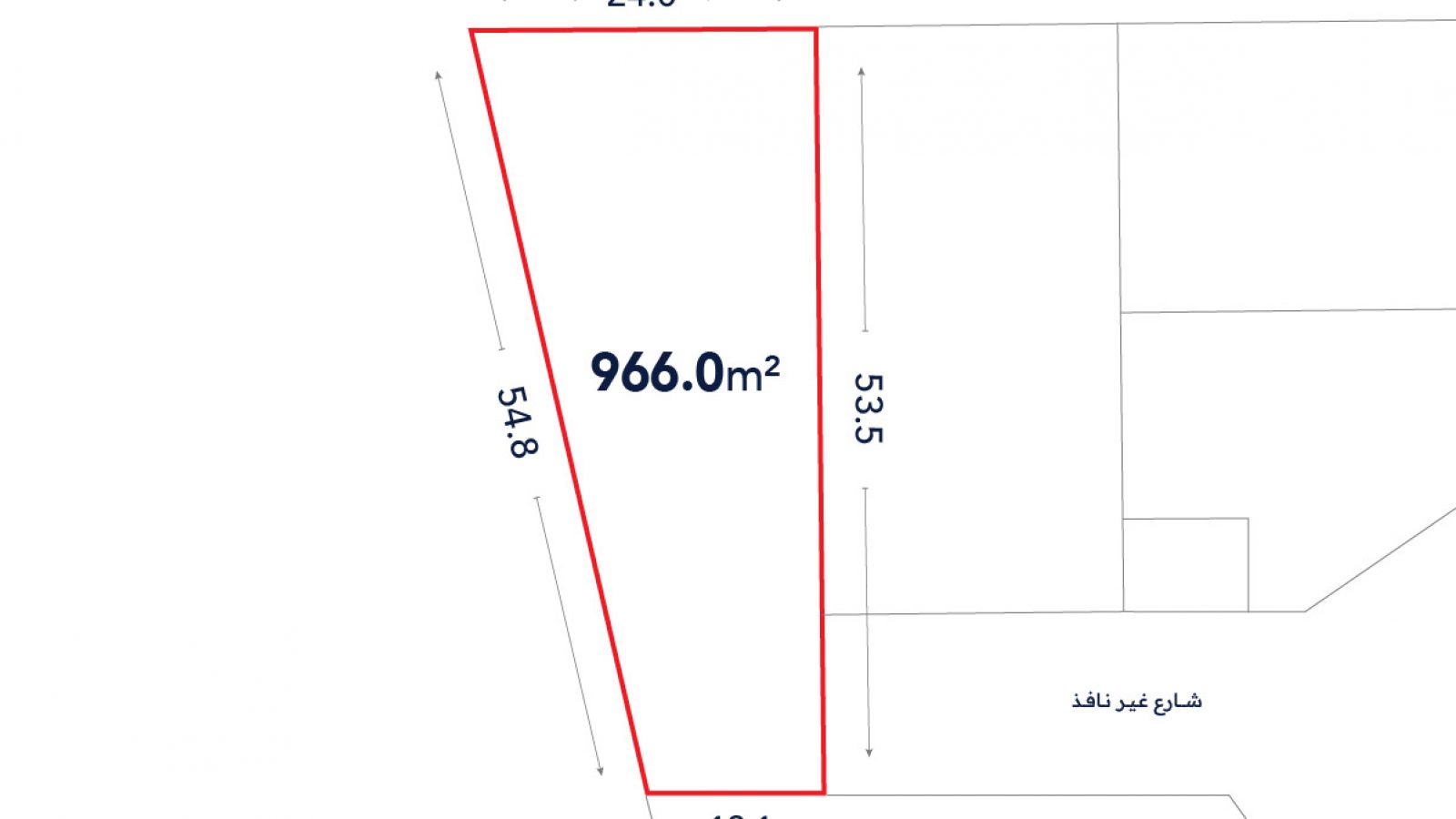 A trapezoidal plot outlined in red with area 966.0 m², side lengths labeled 24.0 m, 54.8 m, 12.1 m, and 53.5 m. “شارع غير نافذ” appears in Arabic on the right side.