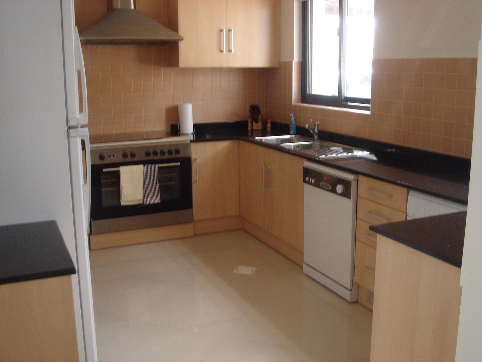 A modern kitchen with light wood cabinets, an oven, a stovetop, a dishwasher, a sink, and a refrigerator. The countertop is dark, and the backsplash features beige tiles. A window is above the sink.