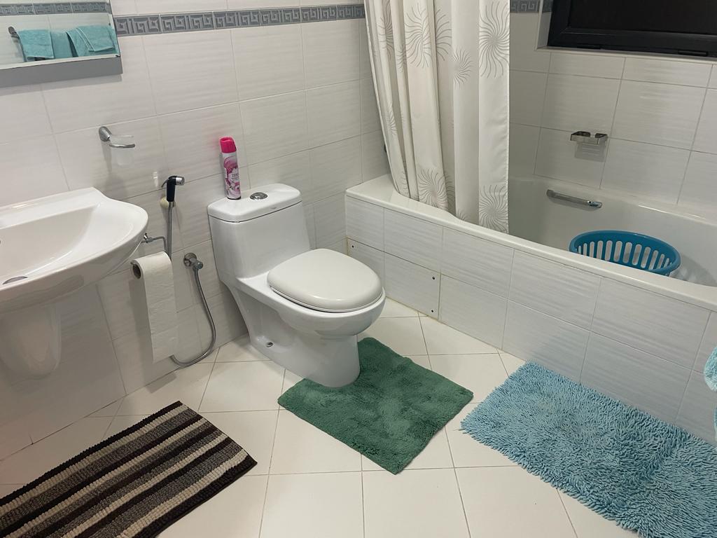 A bathroom with a white toilet, sink, and bathtub. There are three mats on the floor: green, blue, and brown striped. A pink spray bottle is on the toilet tank, and a blue laundry basket is in the bathtub.