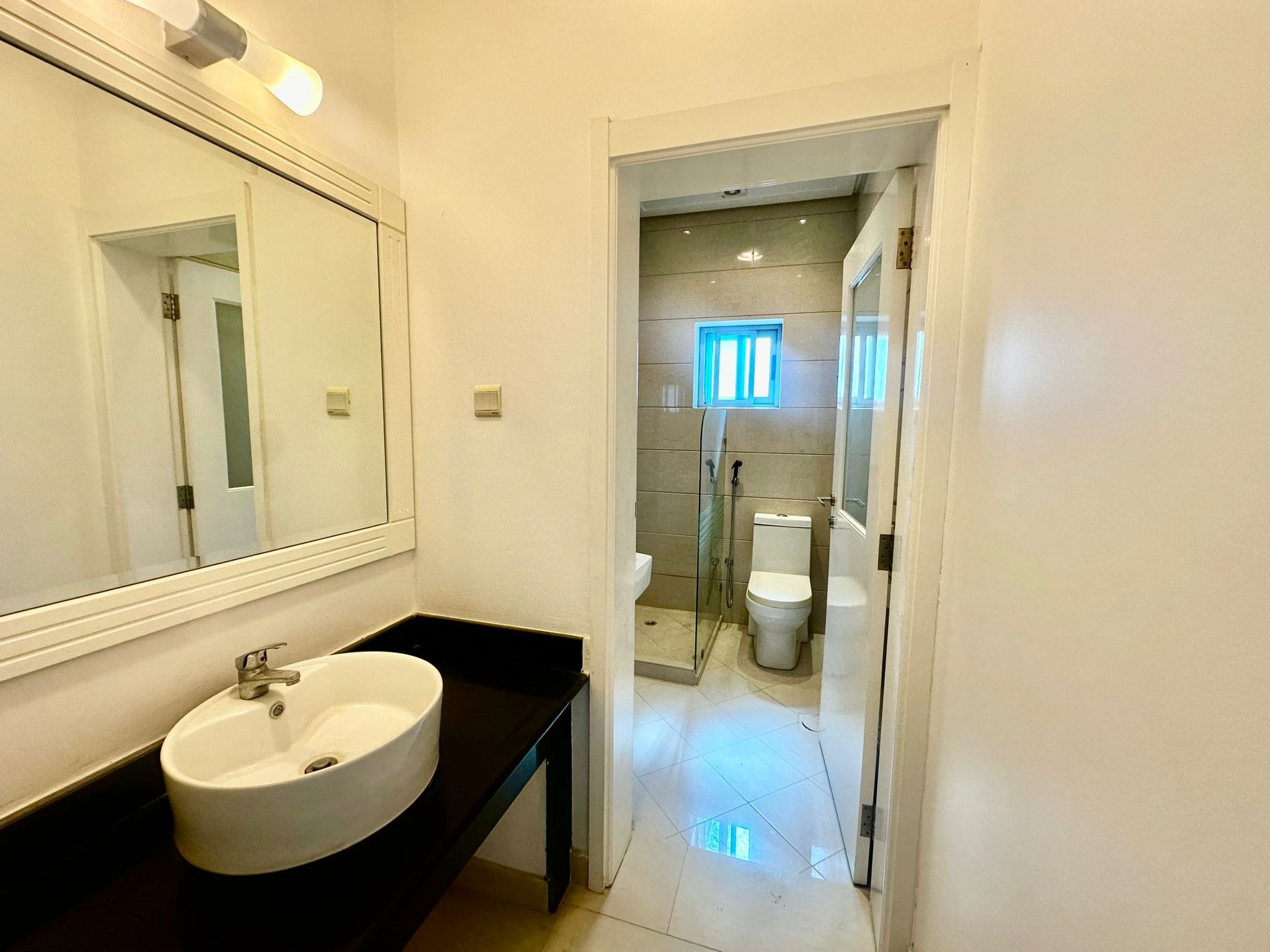 Contemporary bathroom with a white sink on a black countertop, large mirror, and adjoining tiled area with a toilet and glass-enclosed shower.