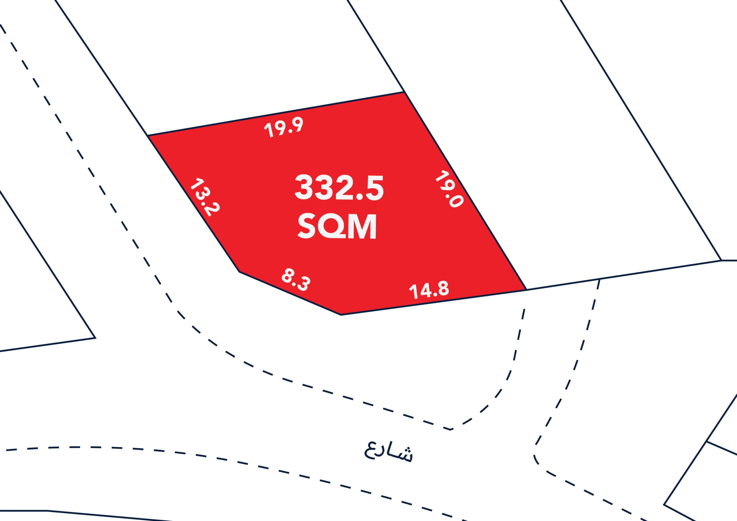 Diagram of a red, irregularly shaped land plot labeled "332.5 SQM" with side lengths marked. Surrounding area shows roads and adjacent plots.