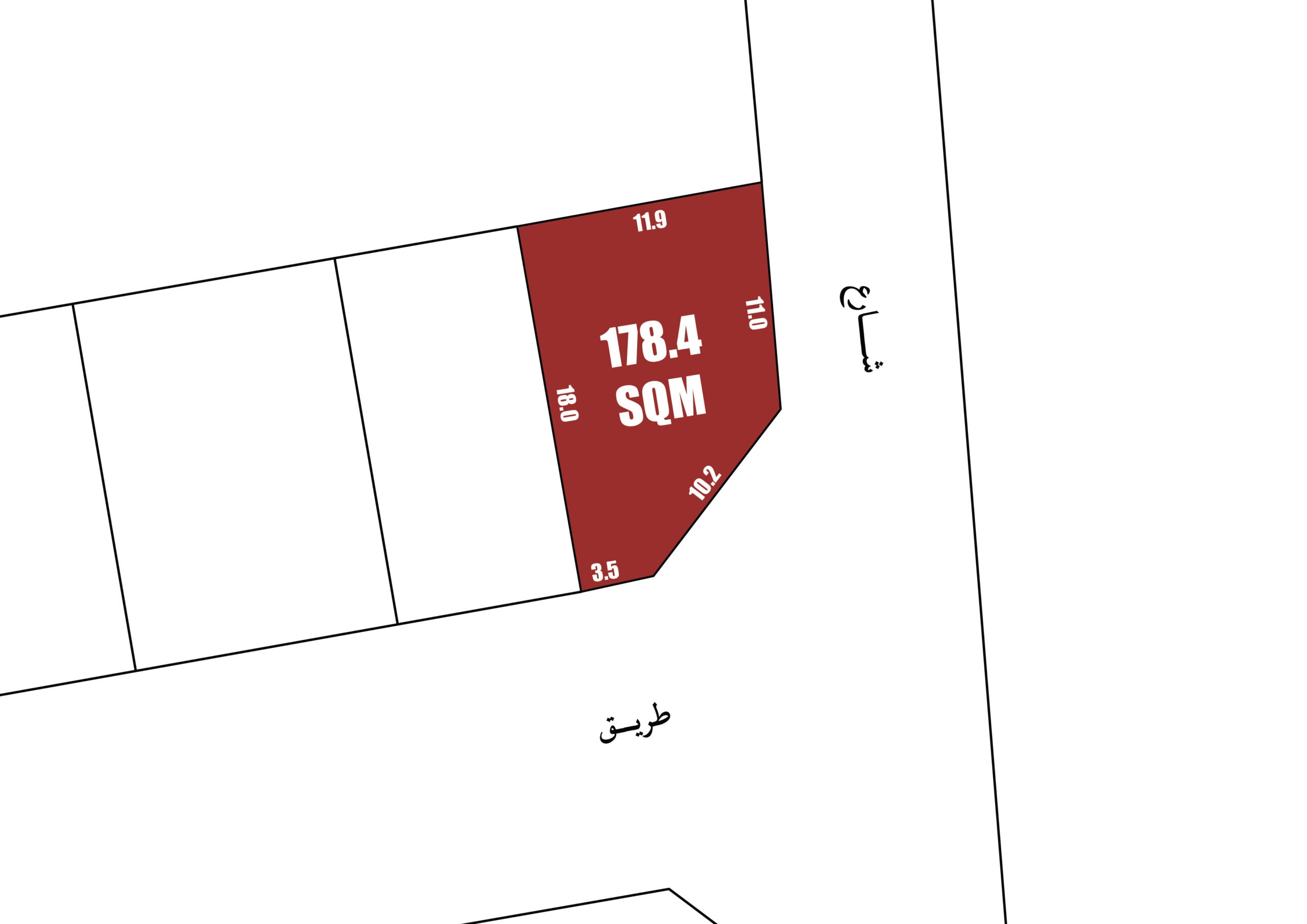 Plot plan featuring a red corner plot labeled "178.4 SQM" with dimensions noted on each side: 11.9, 18.0, 3.5, and 10.2. Adjacent plots are outlined, streets labeled in Arabic.