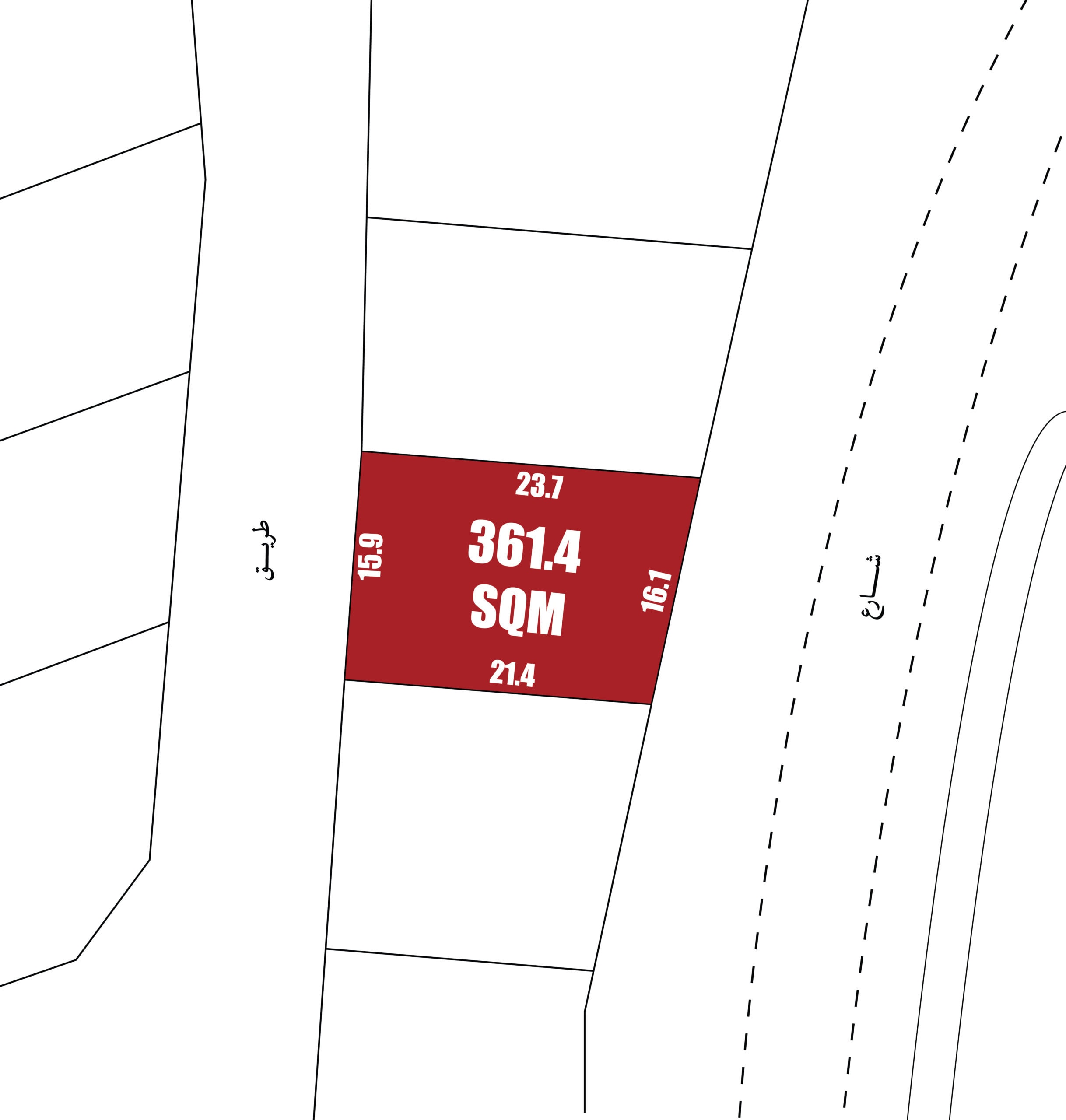 Map section showing a red plot marked "361.4 SQM" with dimensions 23.7, 15.9, 21.4, 16.1 surrounded by white space and dashed lines on the right.