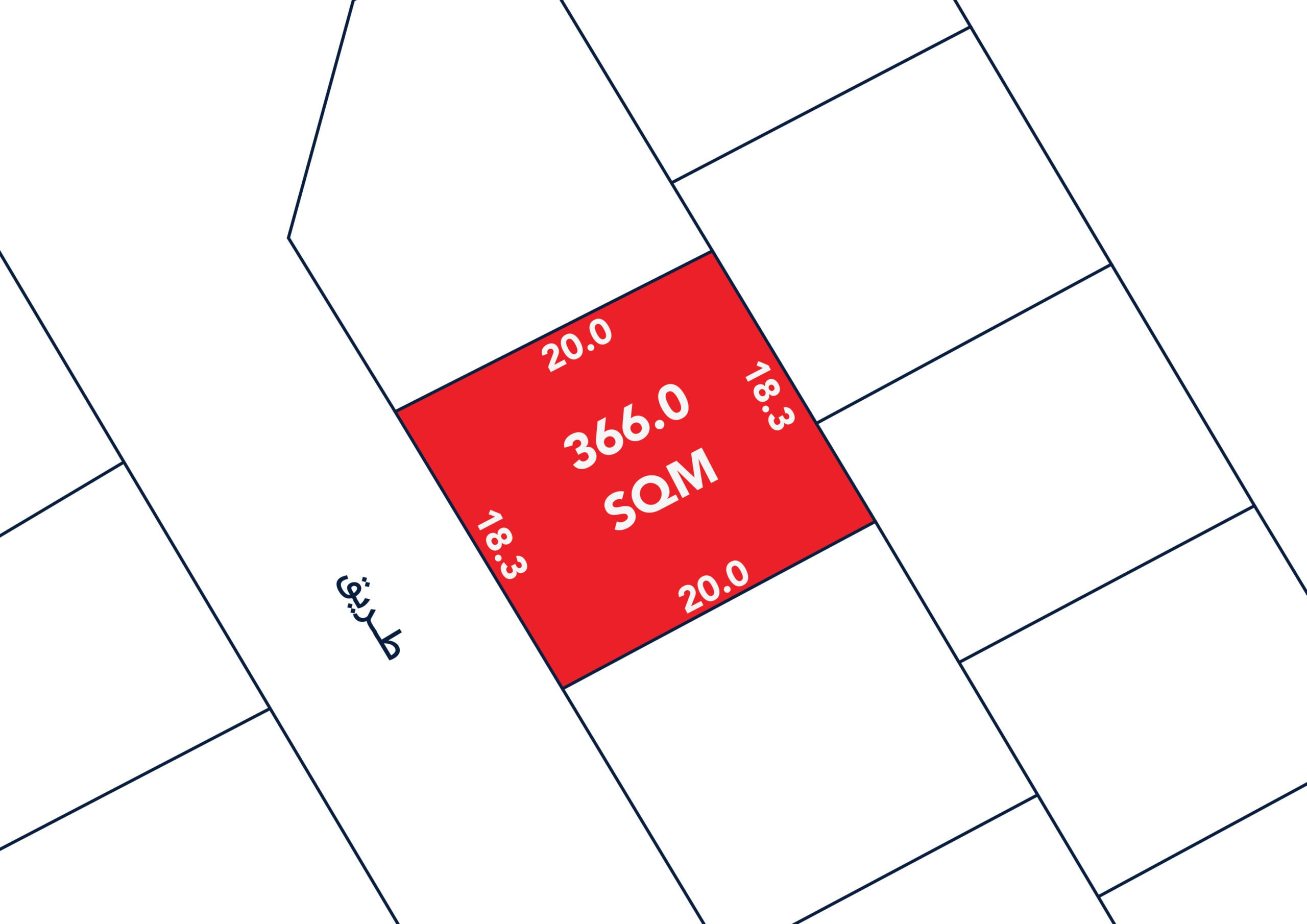 A red rectangle labeled "366.0 SQM" on a plot map, with adjacent plots outlined in white. Dimensions are marked as 18.3m and 20.0m on the sides. Arabic text is present on the left.