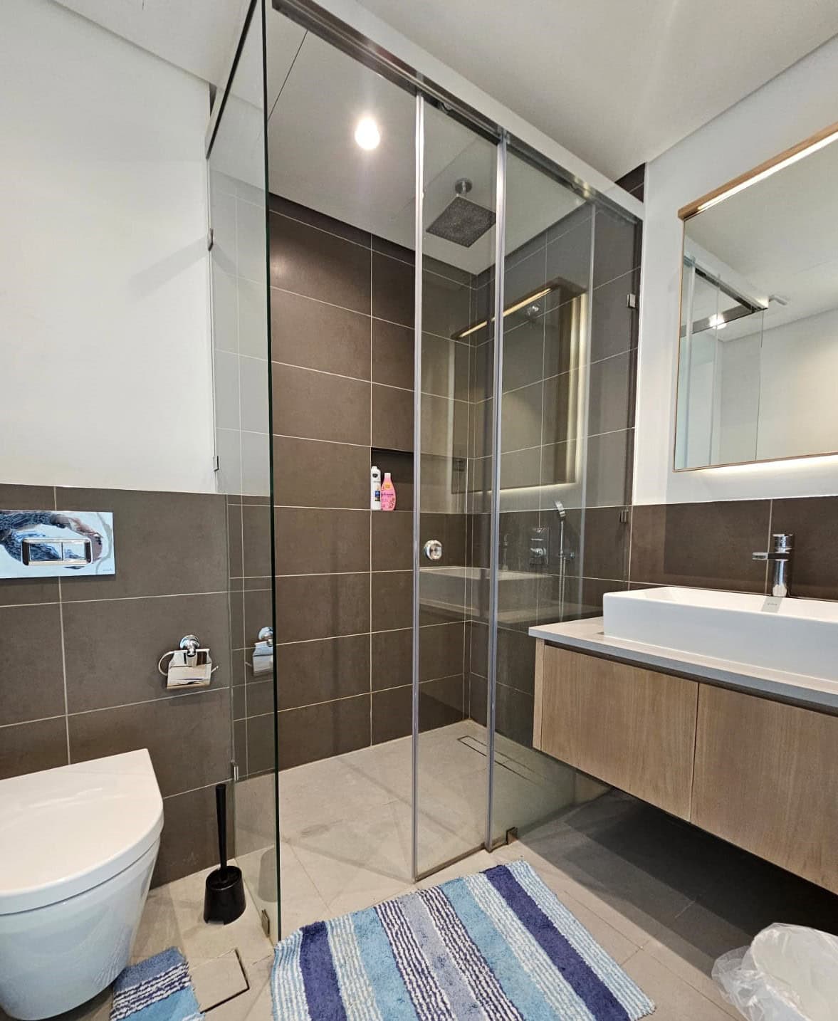 Modern bathroom with a glass-enclosed shower, wall-mounted sink, and toilet. Brown tiles, a blue-striped rug, and a mirror above the sink complete the space.