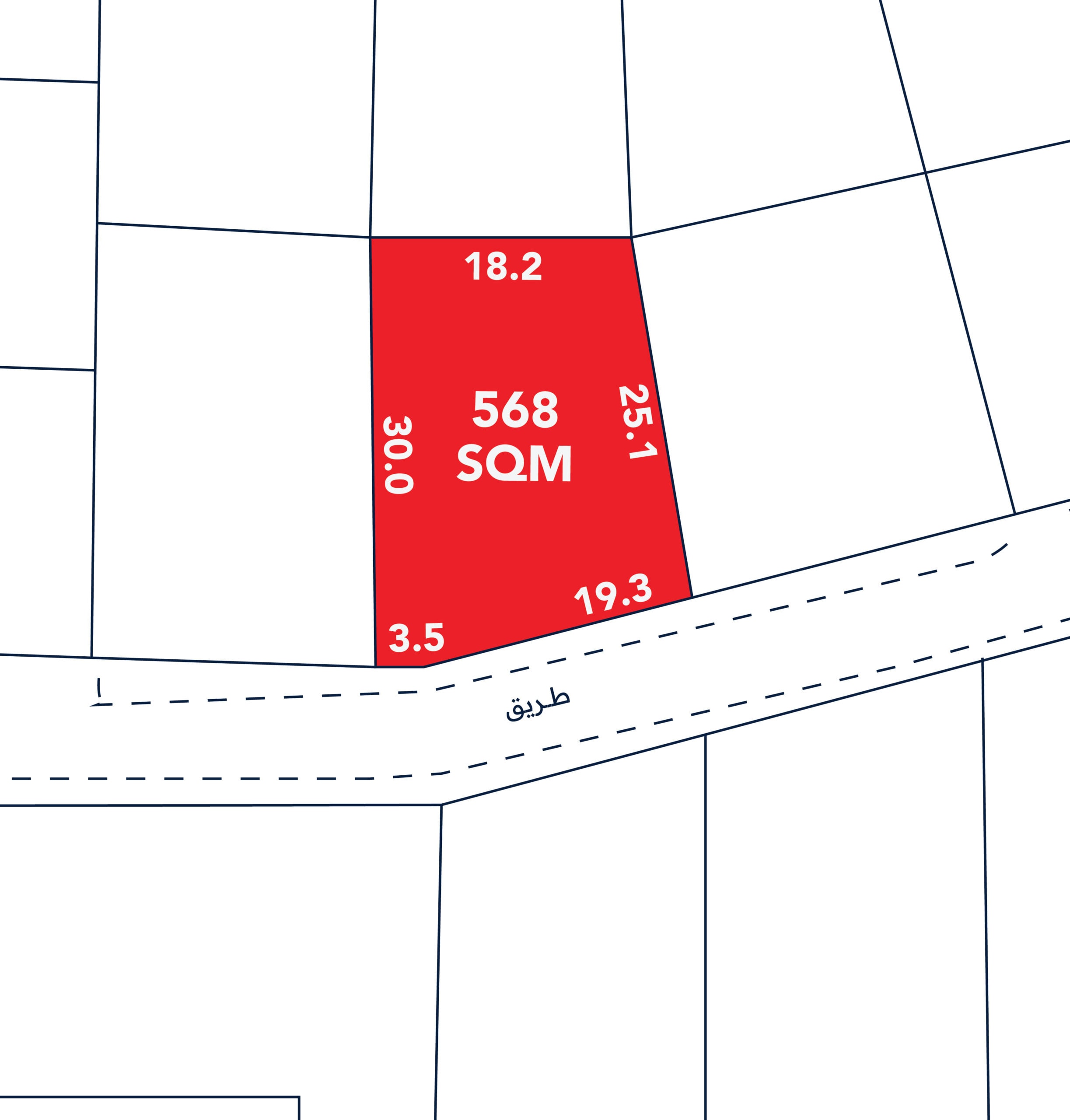 A plot map showing a 568 square meter area highlighted in red, with boundary measurements: 18.2m, 25.1m, 19.3m, 3.5m, and 30.0m.