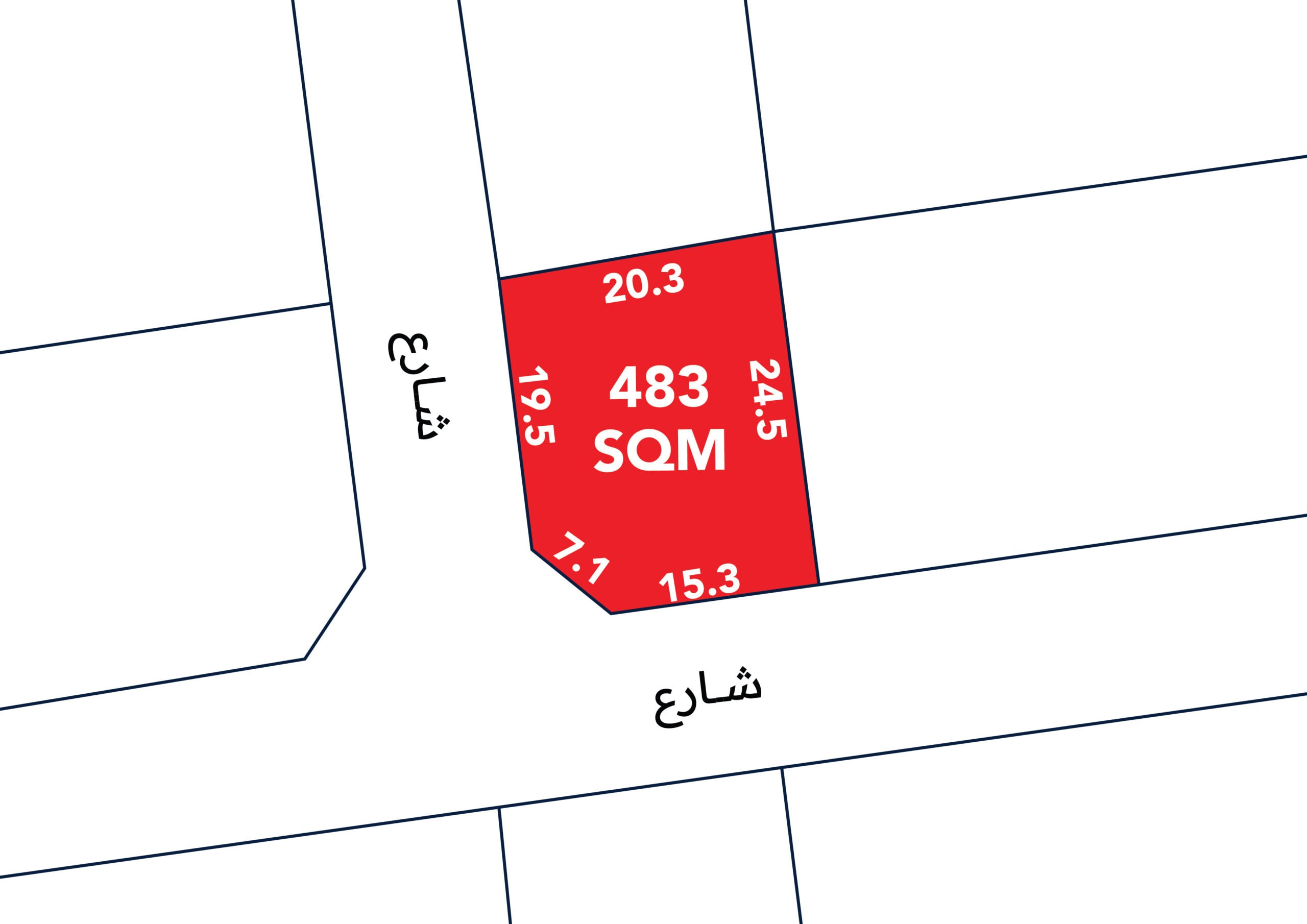 Map section highlighting a red plot marked "483 SQM," with adjacent measurements: 20.3, 24.5, 19.5, 1.7, and 15.3 meters.