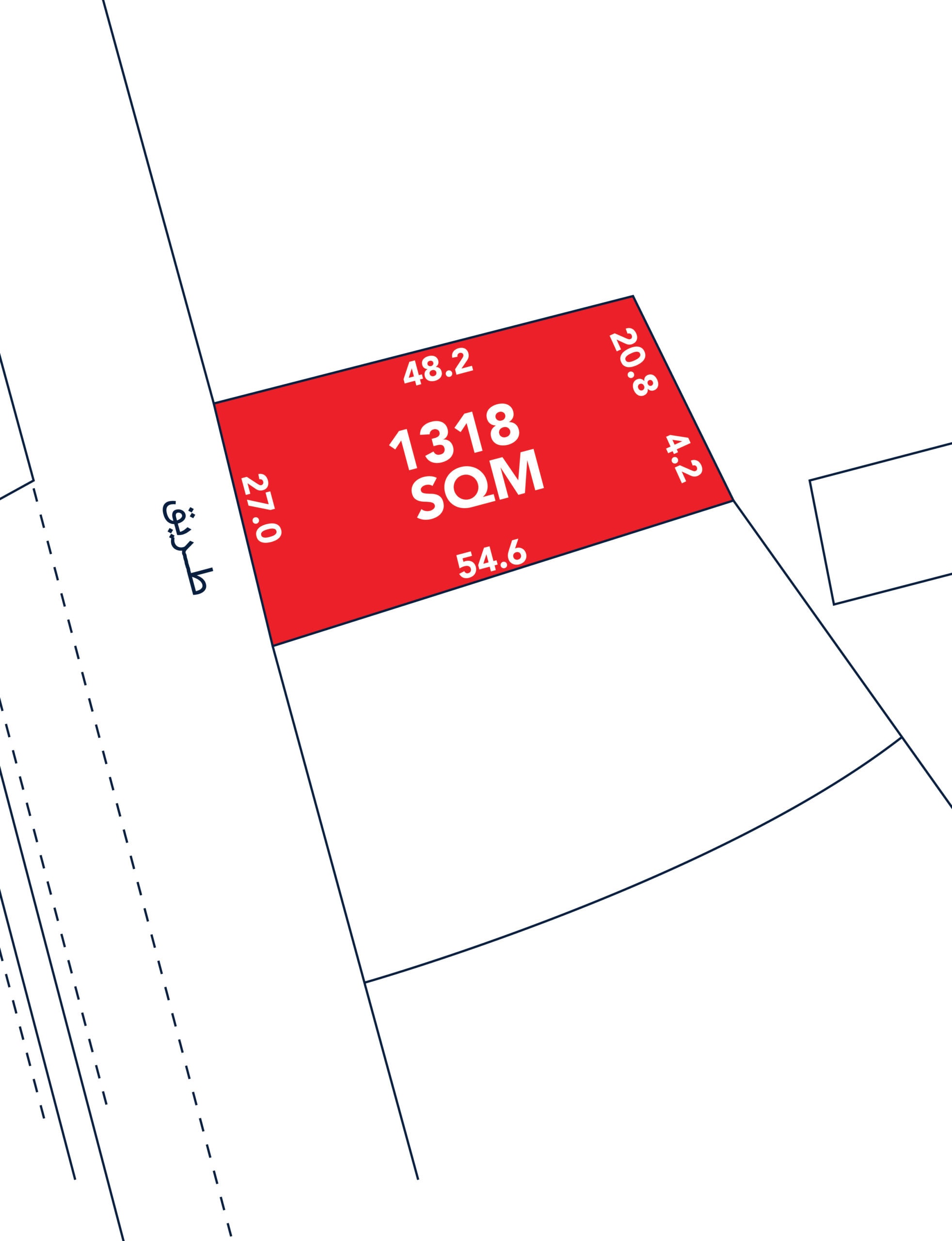 A plot diagram showing a red rectangular plot of land labeled '1318 SQM' with dimensions: 48.2, 20.8, 4.2, 54.6, and 27.0.