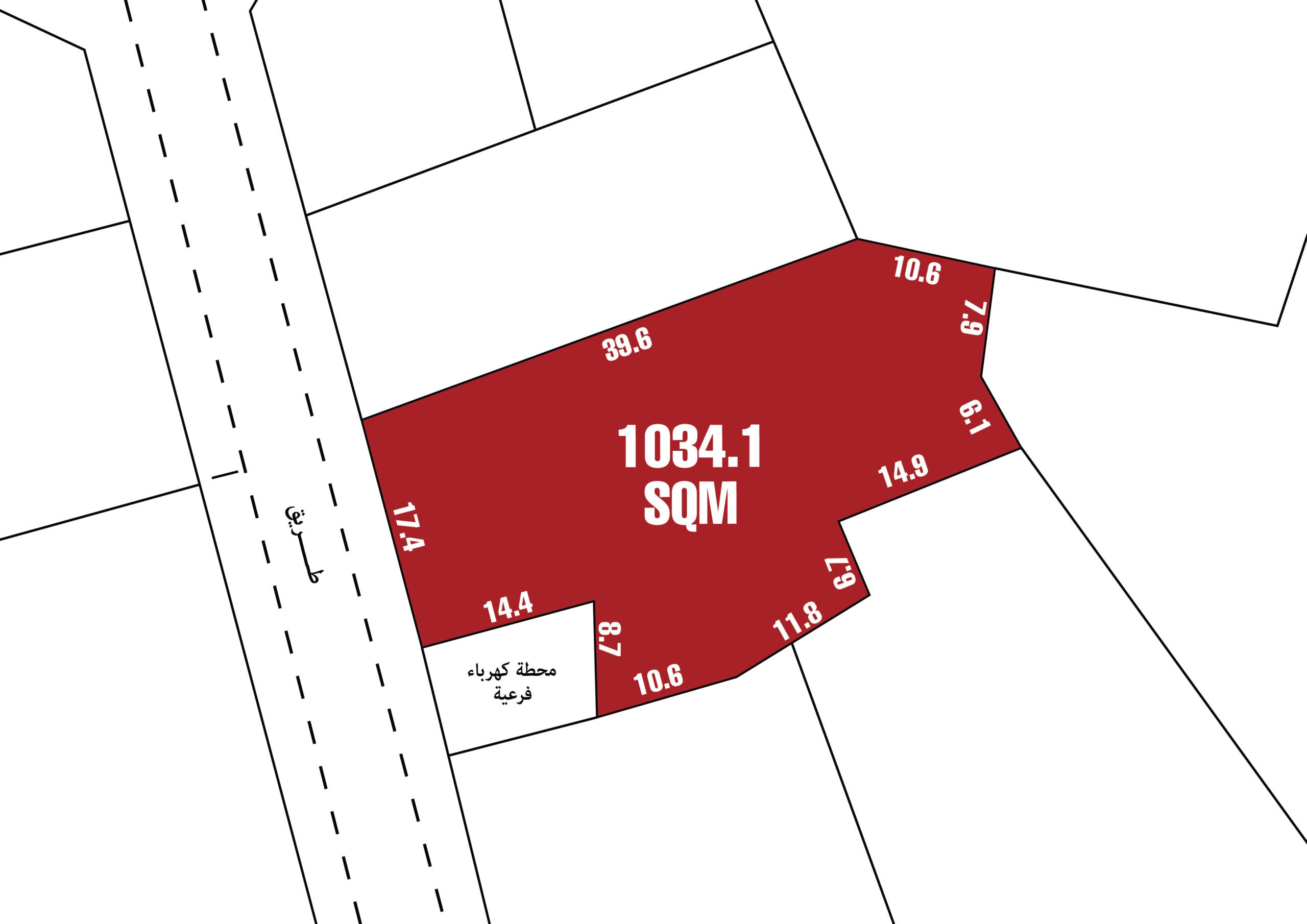 A plot of land measuring 1034.1 square meters on a map layout, adjacent to a road.