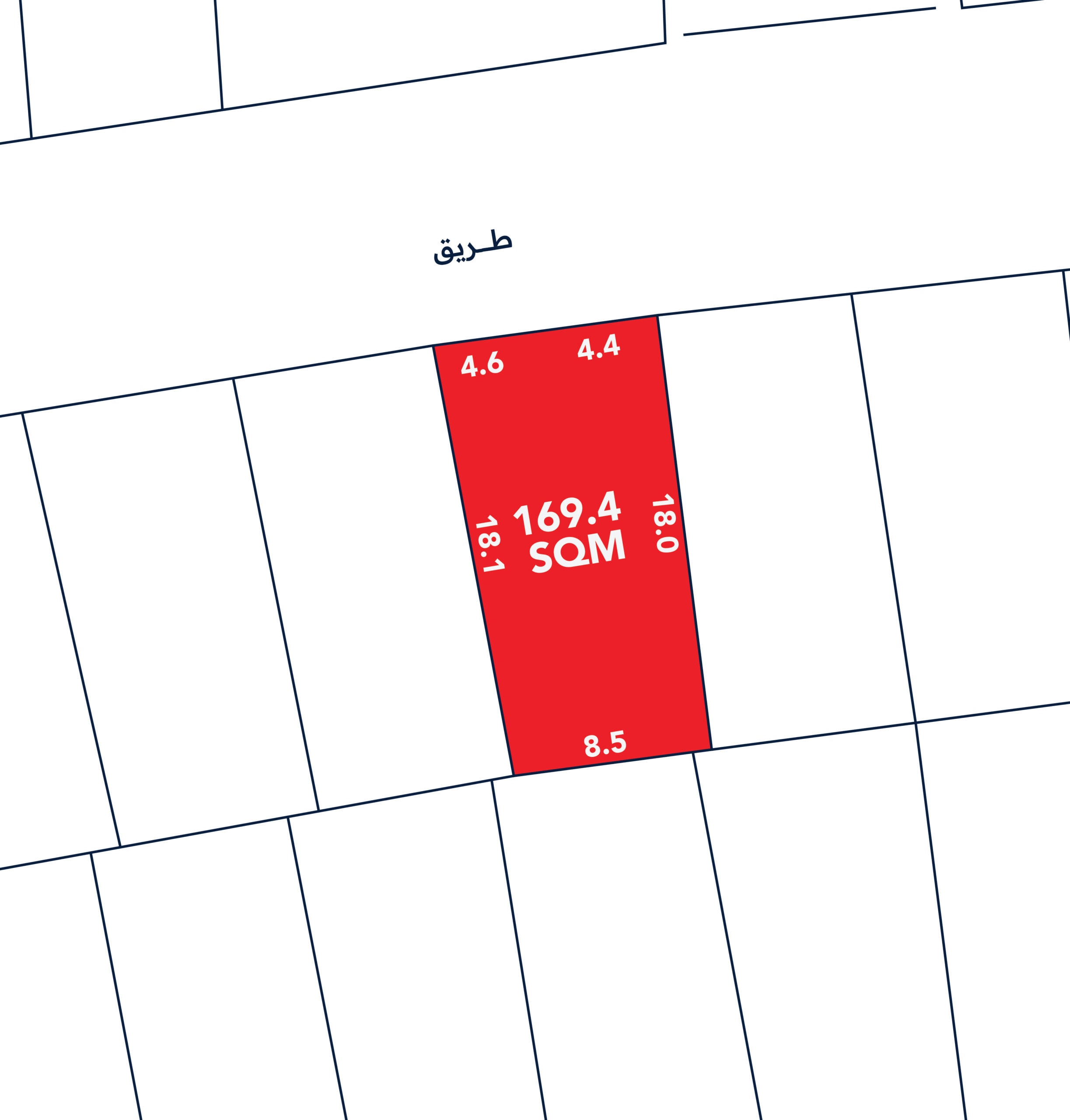 Diagram of a land plot measuring 169.4 square meters, outlined in red with labeled dimensions: 18.0, 8.5, 18.1, and 4.4 meters. Nearby areas are unshaded and labeled.