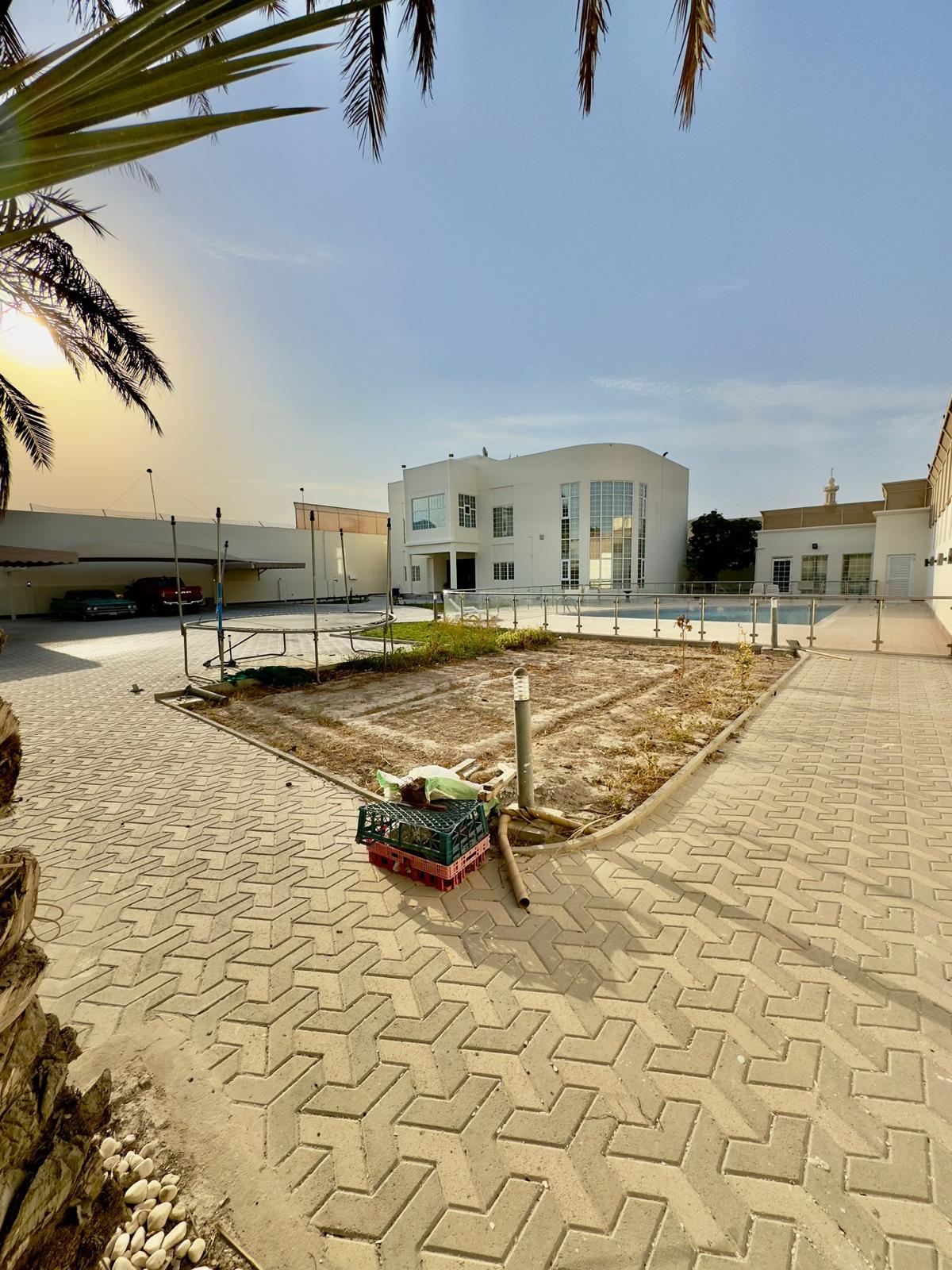 A paved courtyard with a central patch of dry grass and a white building in the background. Gardening tools and a crate are on the ground. Palm trees partially frame the scene.