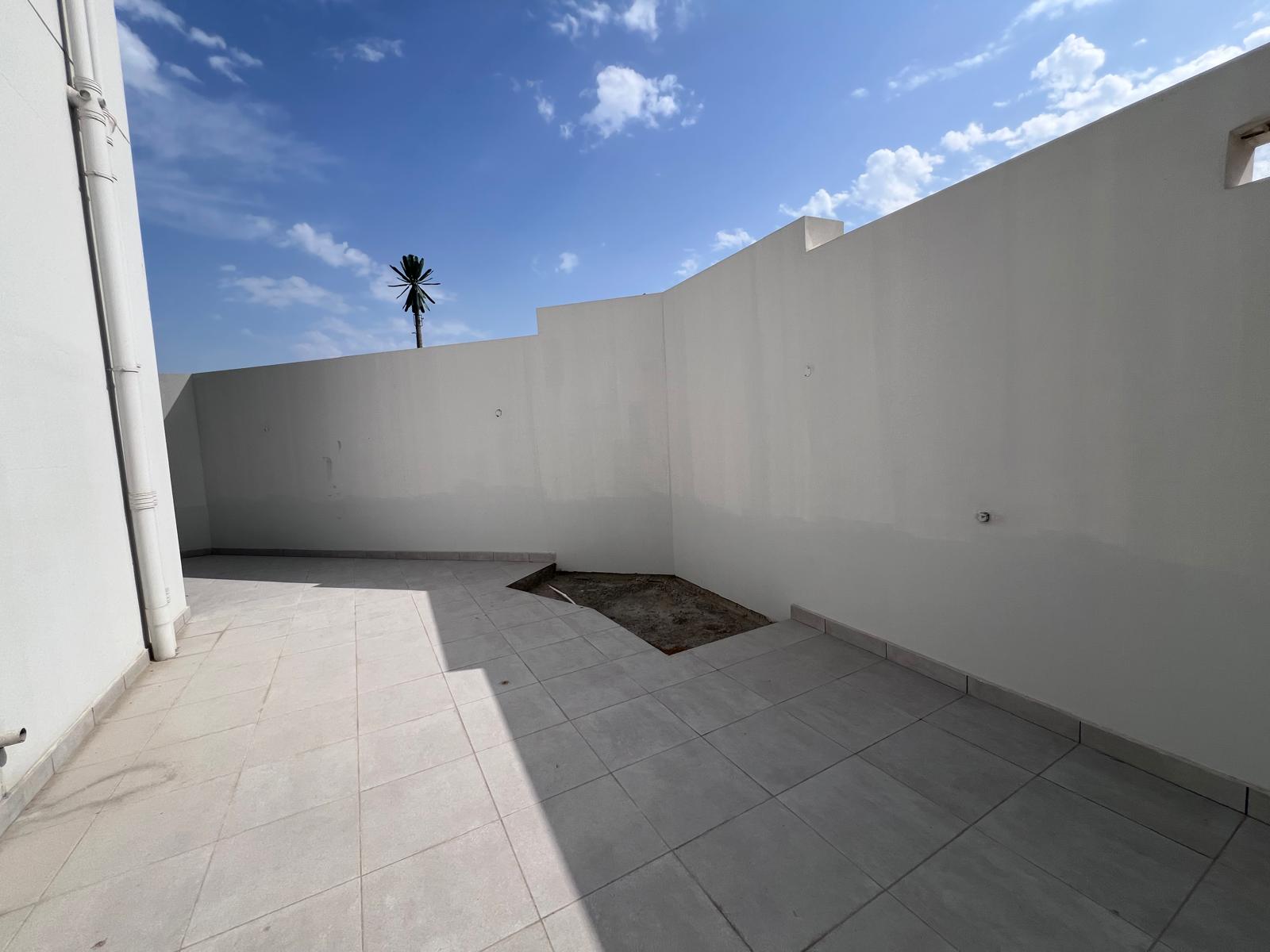 A tiled outdoor patio with high white walls, an empty rectangular planter, a visible palm tree, and a clear blue sky.