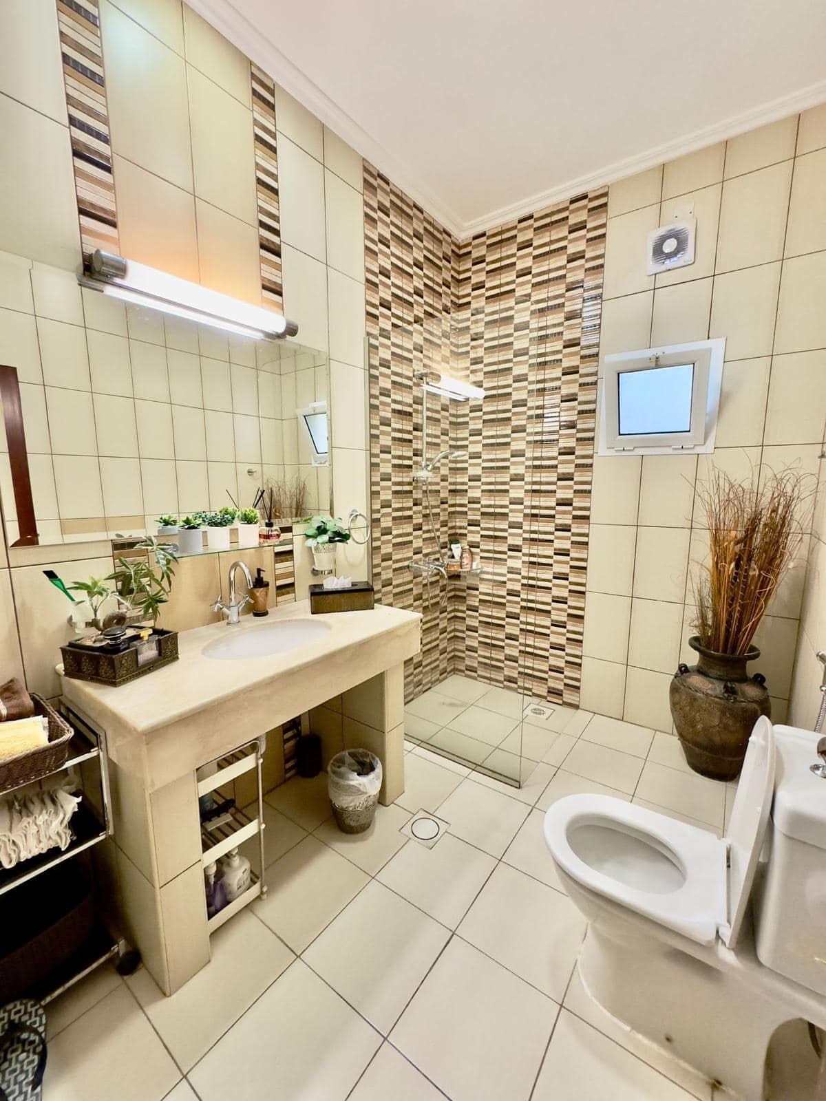 Modern bathroom with tiled walls, a large mirror above a sink, and a walk-in shower. Potted plants decorate the space. A toilet is in the foreground.