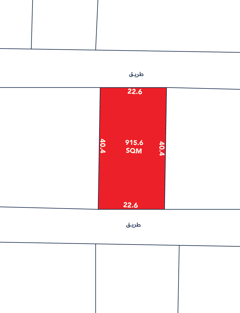 Diagram showing a red rectangular land plot measuring 915.6 square meters. Dimensions are labeled as 22.6m by 40.4m on each side.