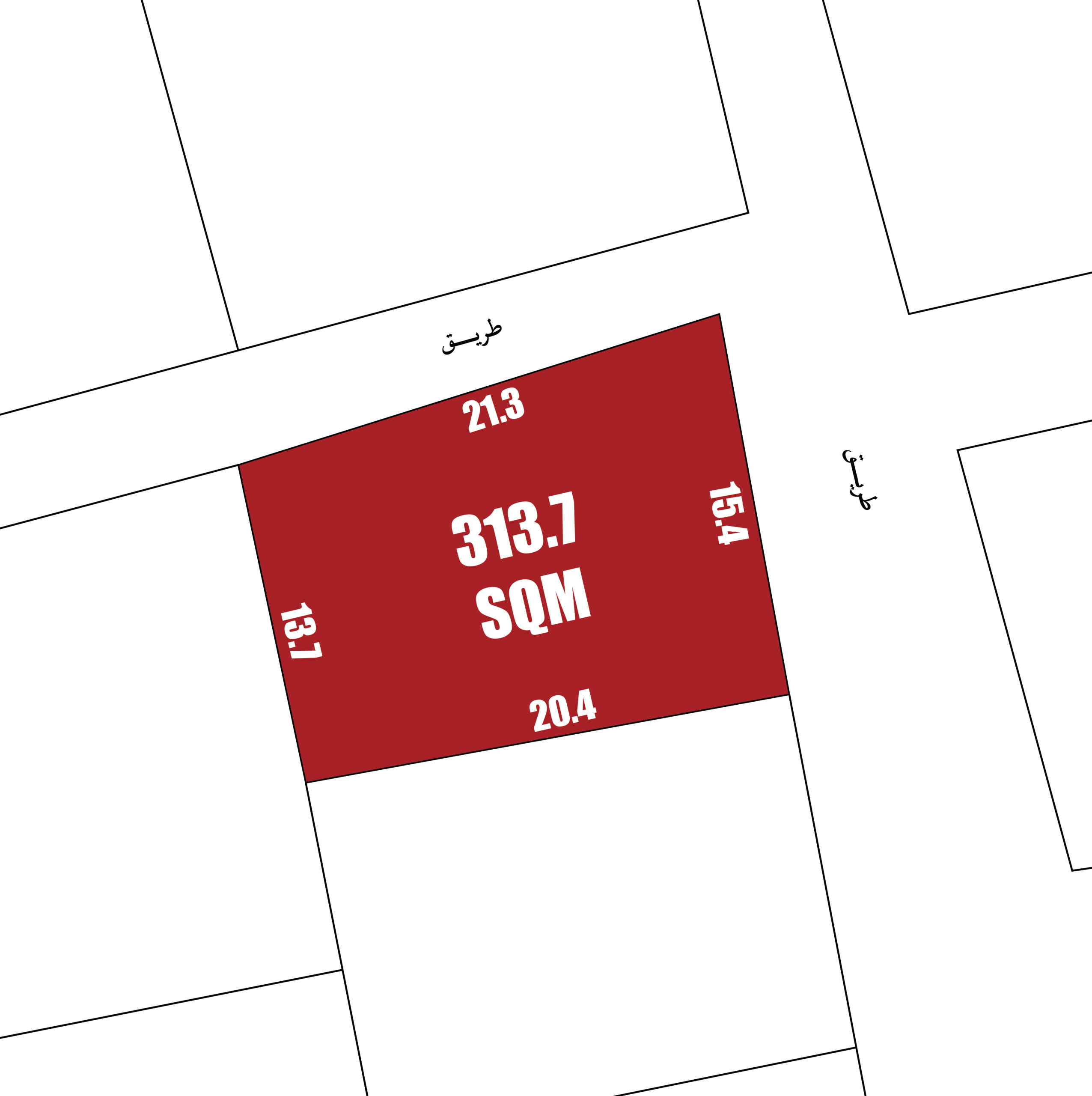 Plot map showing a red irregular quadrilateral labeled "313.7 SQM" with side lengths 21.3, 15.4, 20.4, and 13.7. Streets are shown on the top and right sides.