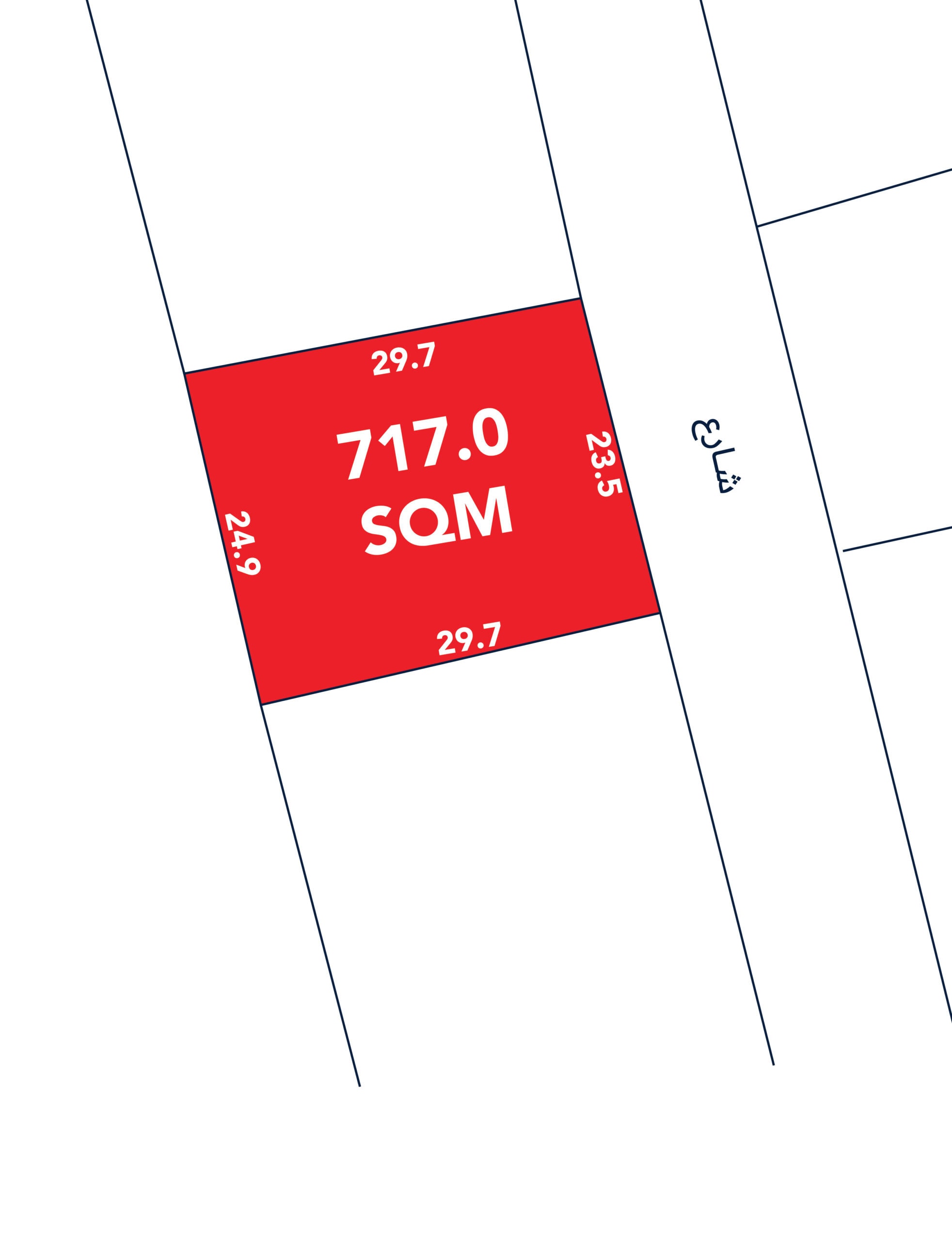 Diagram showing a land plot labeled "717.0 SQM" in red, bordered by measurements: 29.7, 23.5, 29.7, and 24.9. Adjacent text reads "شارع.