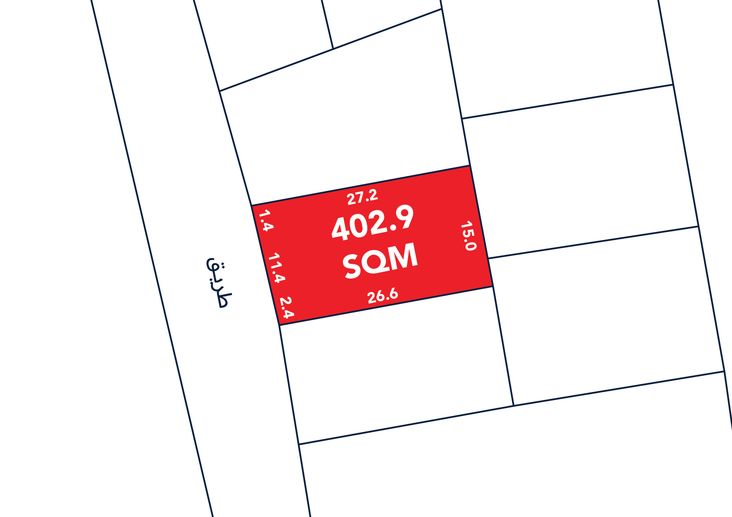 Map section showing a red plot labeled "402.9 SQM" with dimensions 27.2, 15.0, 26.6, 24, 1.4, and 1.4 meters; adjacent street in Arabic script.