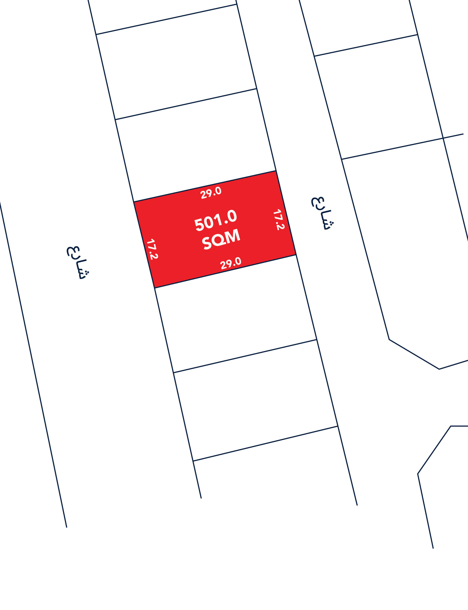 Map section showing a rectangular plot labeled "501.0 SQM" in red, with dimensions 29.0 and 17.2 marked. Adjacent plots and streets are outlined in white.