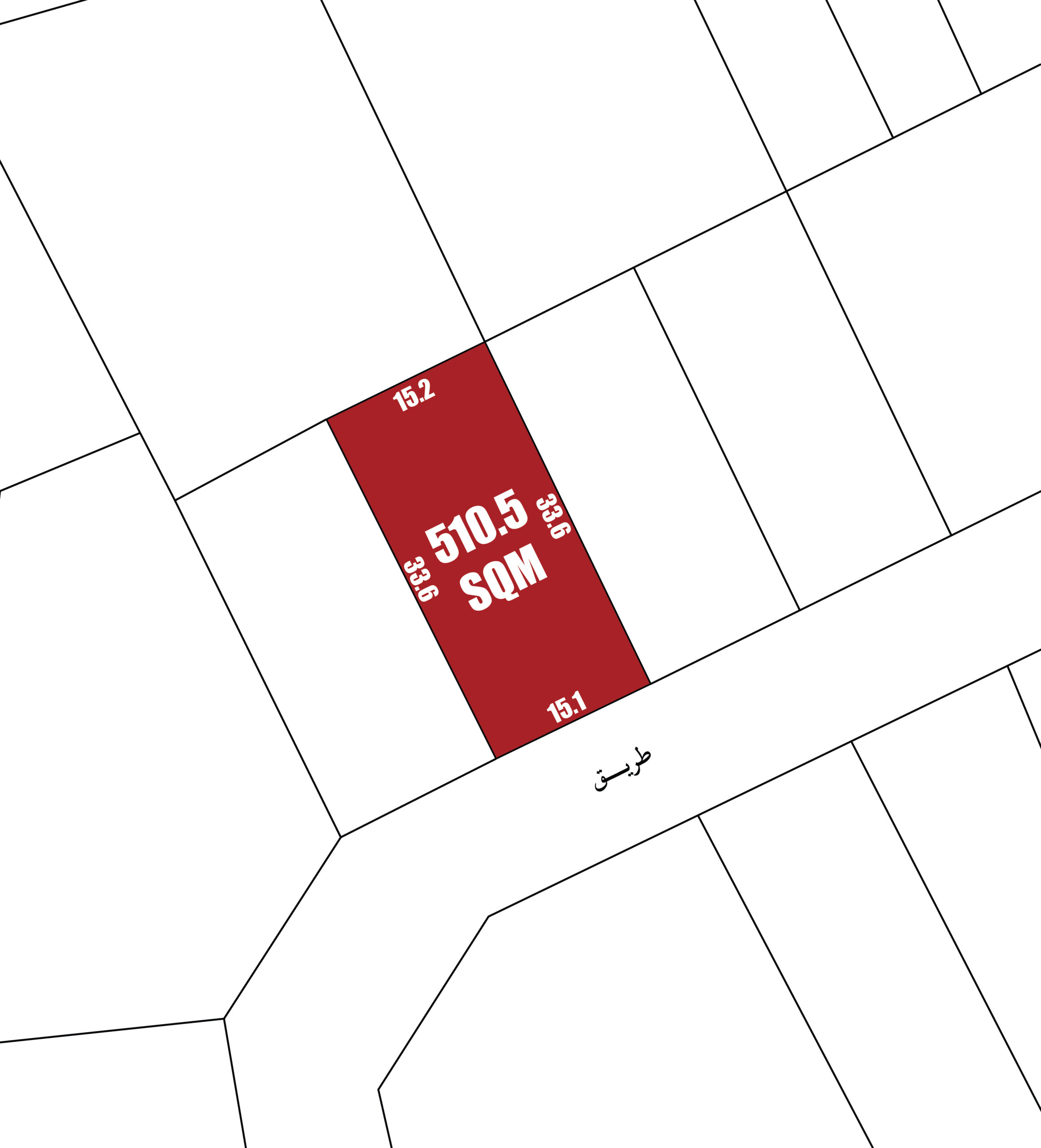 Map highlighting a rectangular plot marked as 510.5 SQM in red, with dimensions 15.2m and 33.5m. Adjacent areas are unmarked.