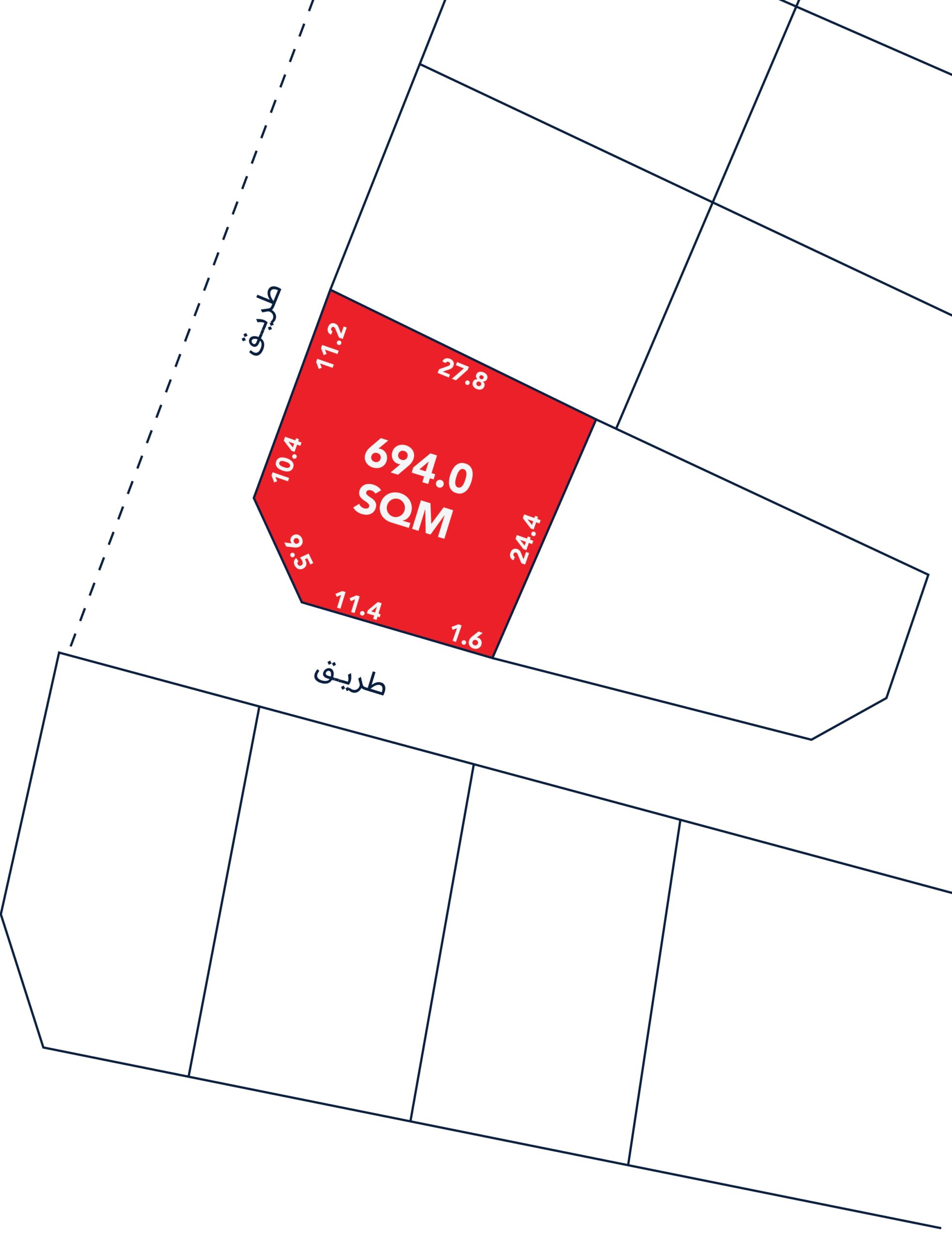 A plot map highlighting a red parcel labeled "694.0 SQM" with various boundary measurements marked in meters.