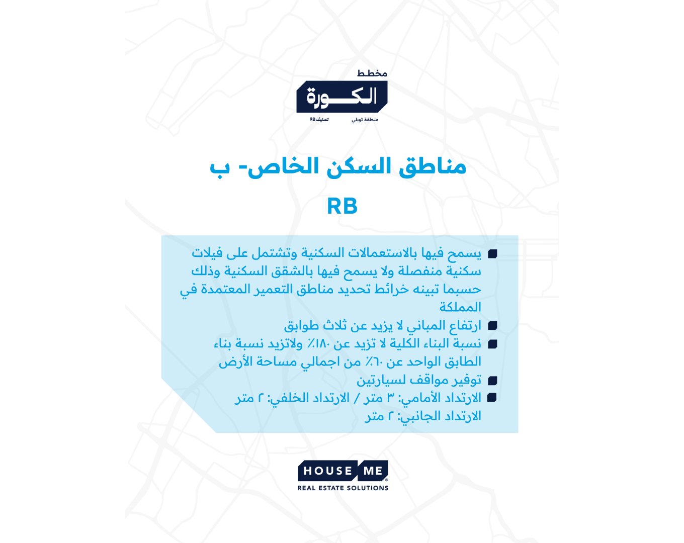 A real estate information card in Arabic showing regulations for private residential areas, listing allowed building types, heights, and setback requirements. House Me Real Estate Solutions logo included.